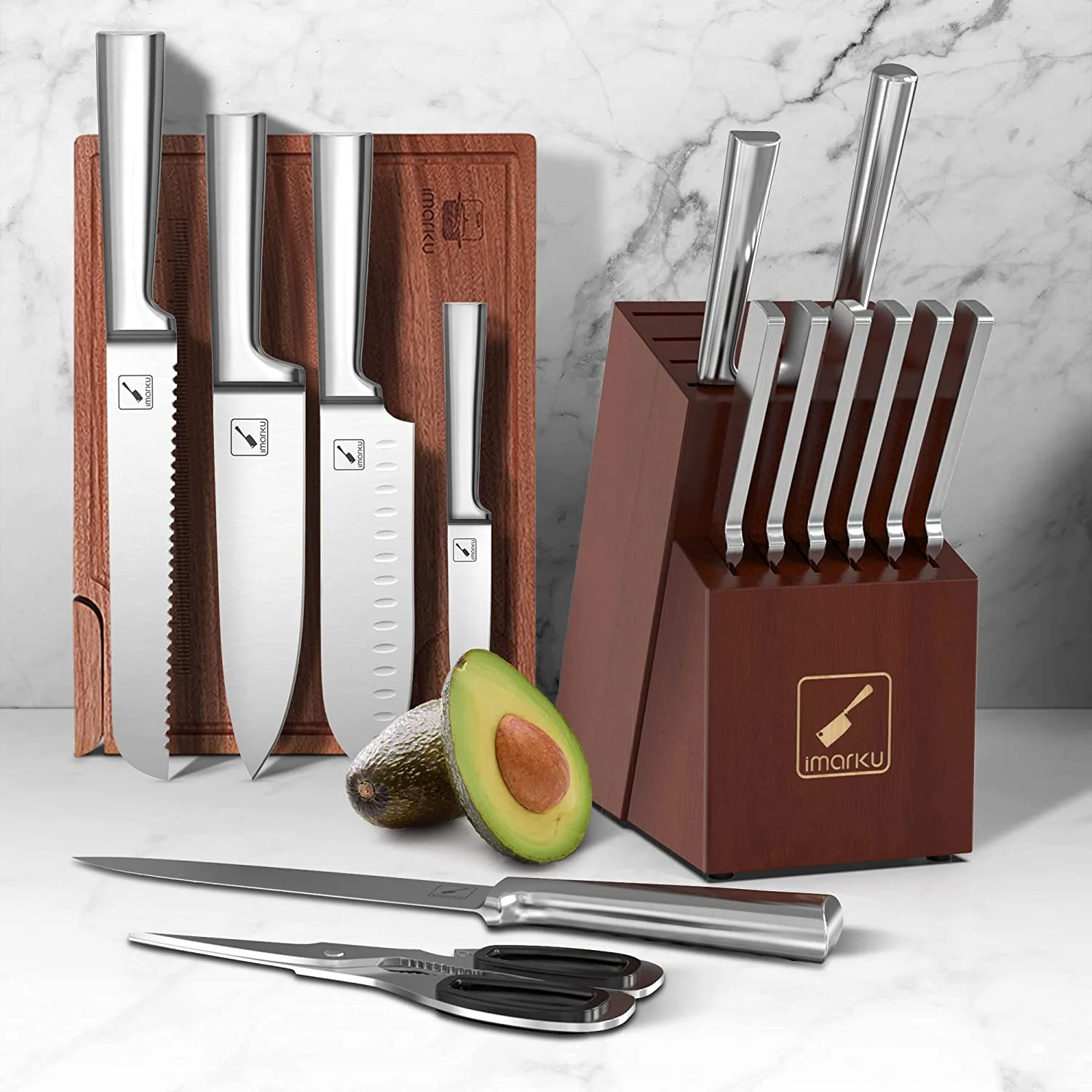 imarku | 14-Piece Knife Set High Carbon Japan Stainless Steel with Block and Sharpener