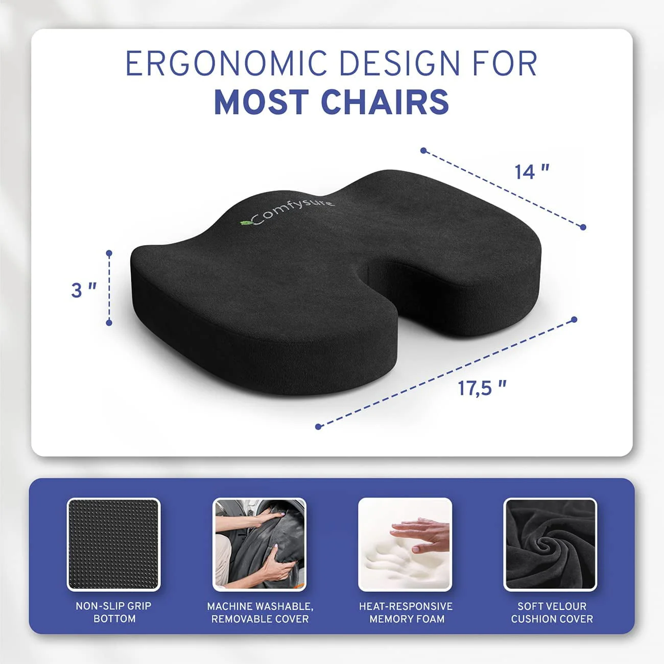 Memory Foam Seat Cushion with Removable Microfiber Cover - Coccyx, Tailbone, Sciatica, Lower Back Support and Pain Relief - Fits Most Office, Desk, Computer Chairs and Car Seats �?by ComfySure