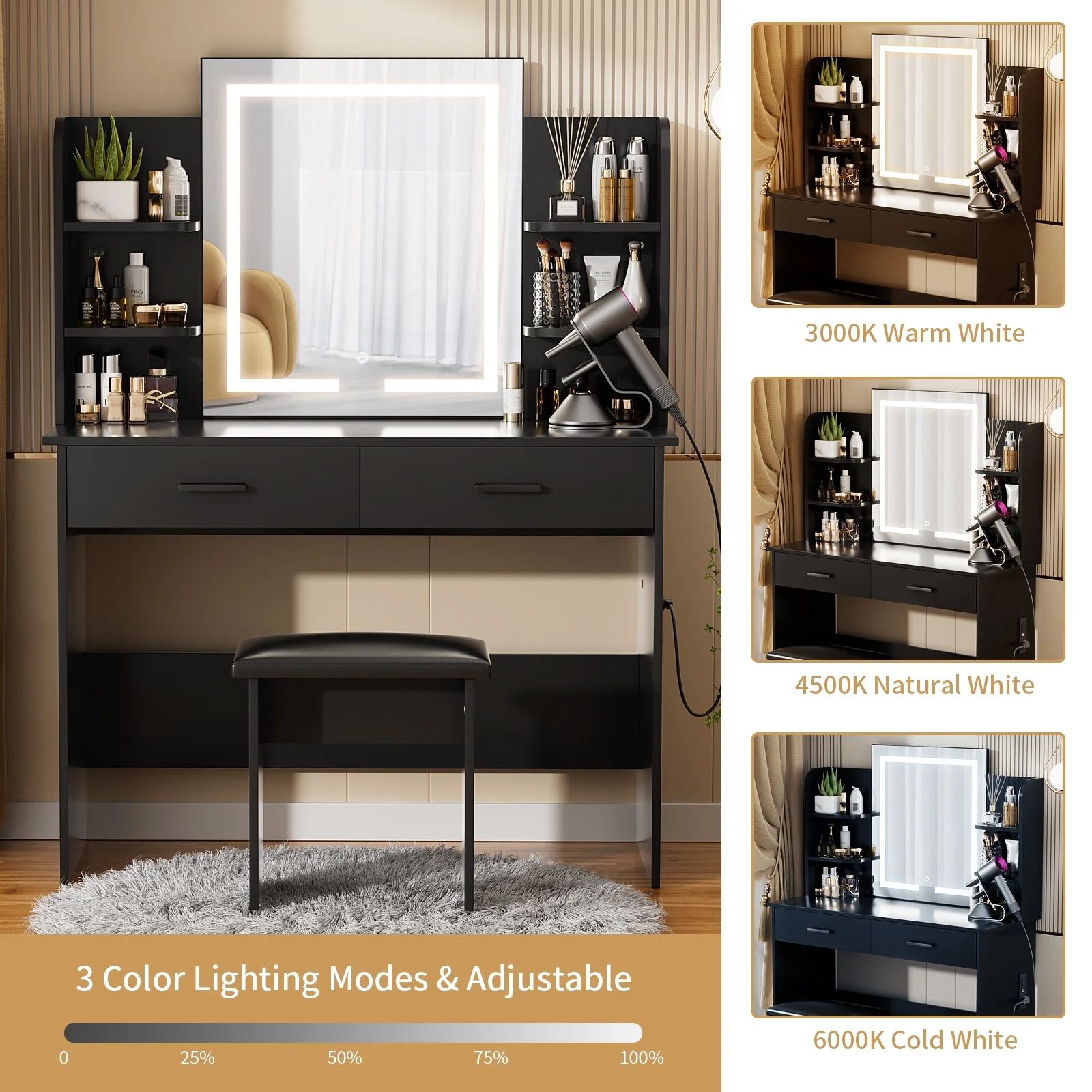 RichYa Modern Makeup Vanity Set with Lights Mirror and Drawers,White Makeup Desk,Dressing Table