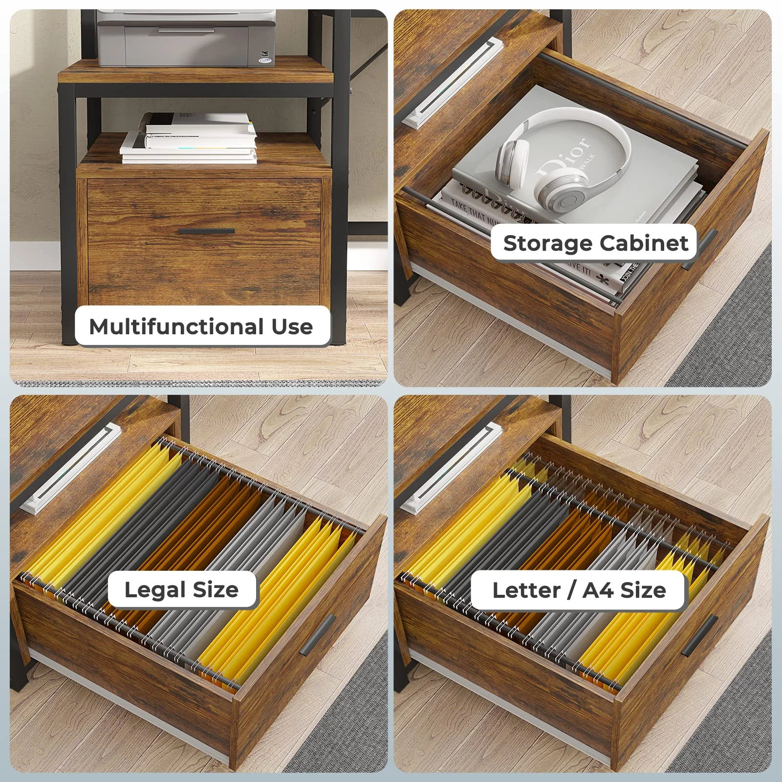 L Shaped Desk with Power Outlet and LED Lights, Corner Computer Desk with File Drawer for Home Office,  Gaming Desk,  Rustic Brown