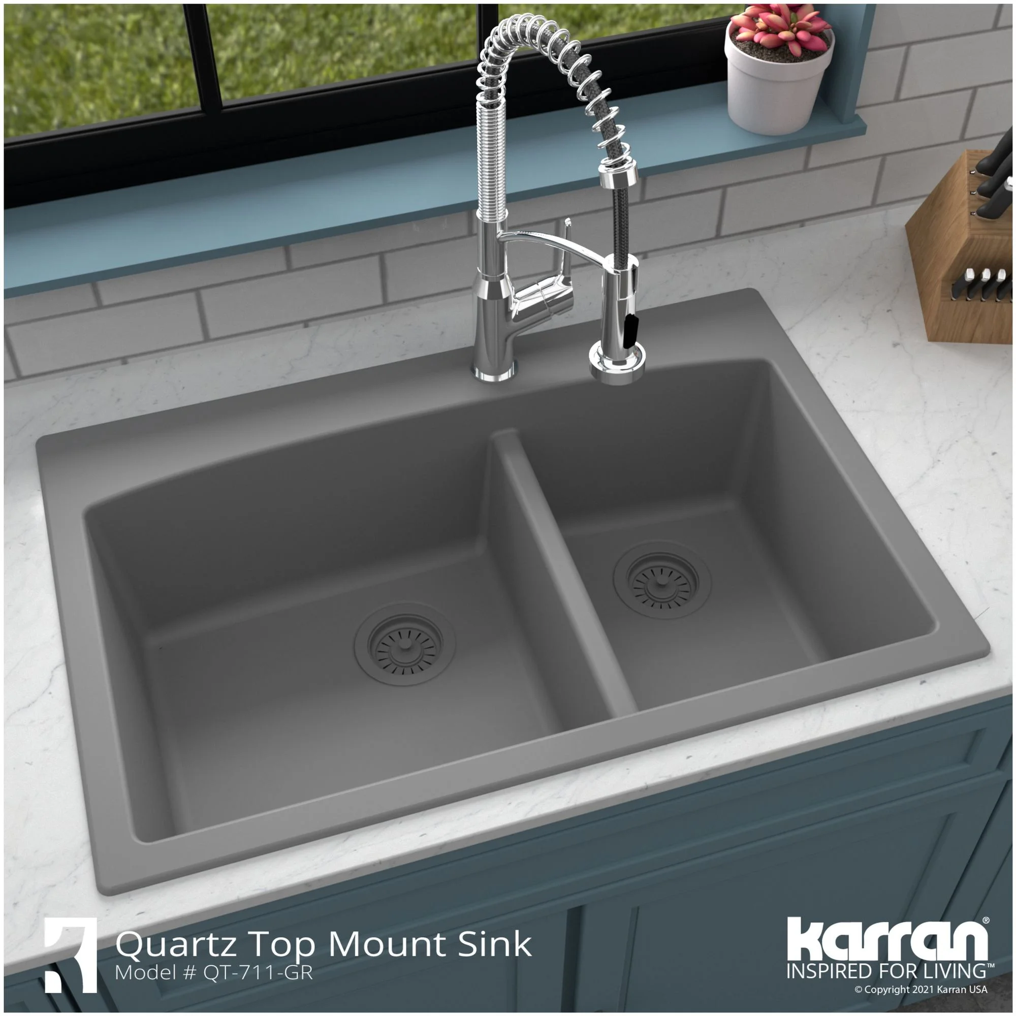 Karran QT-711 Drop-In Quartz Composite 33 in. 1-Hole 60/40 Double Bowl Kitchen Sink in Grey