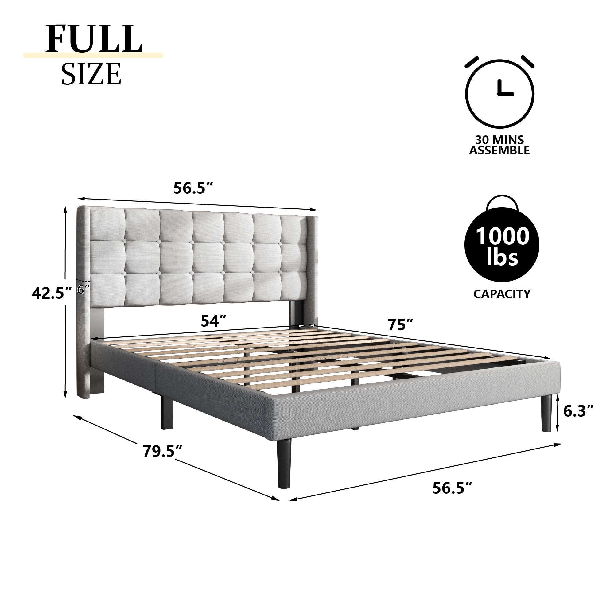 Unizone Full Size Bed Frame with Upholstered Headboard and Wingback, Modern Platform Bed Frame, No Box Spring Needed, Easy Assembly, Noise Free, Light Grey
