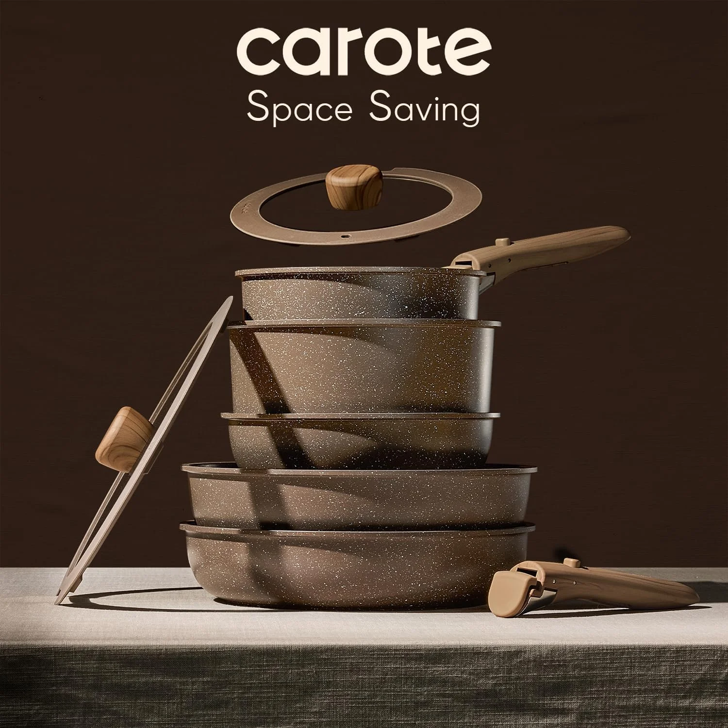 CAROTE 17-Piece Nonstick Cookware Set with Detachable Handle, Induction Compatible, Oven Safe, Brown Pots and Pans for Kitchen & RV
