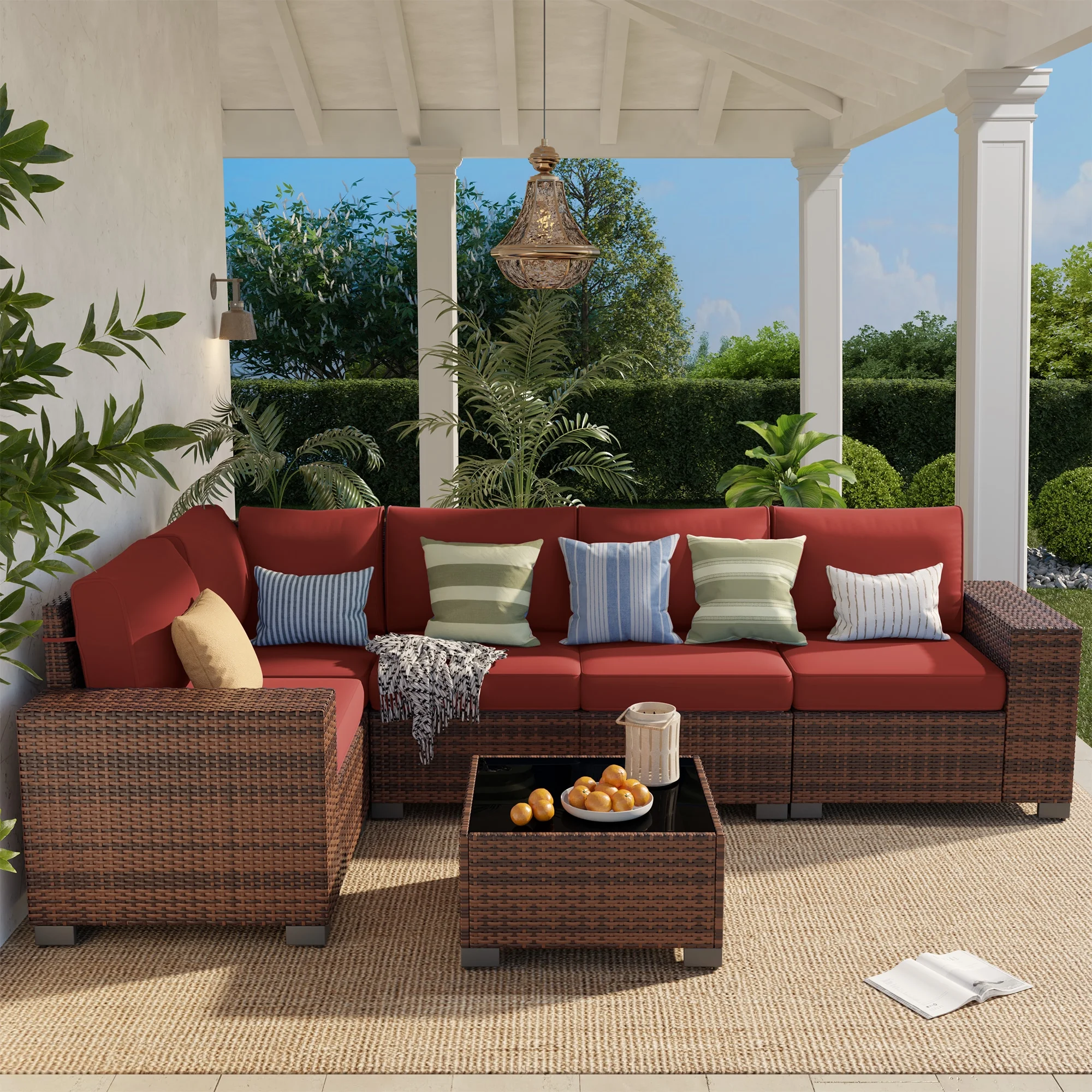 Poteban Patio Furniture Set 6 PCS Outdoor Sectional Conversation Sets Featuring Widen Wicker Armrests and High Back, Black (Waterproof Covers Included)