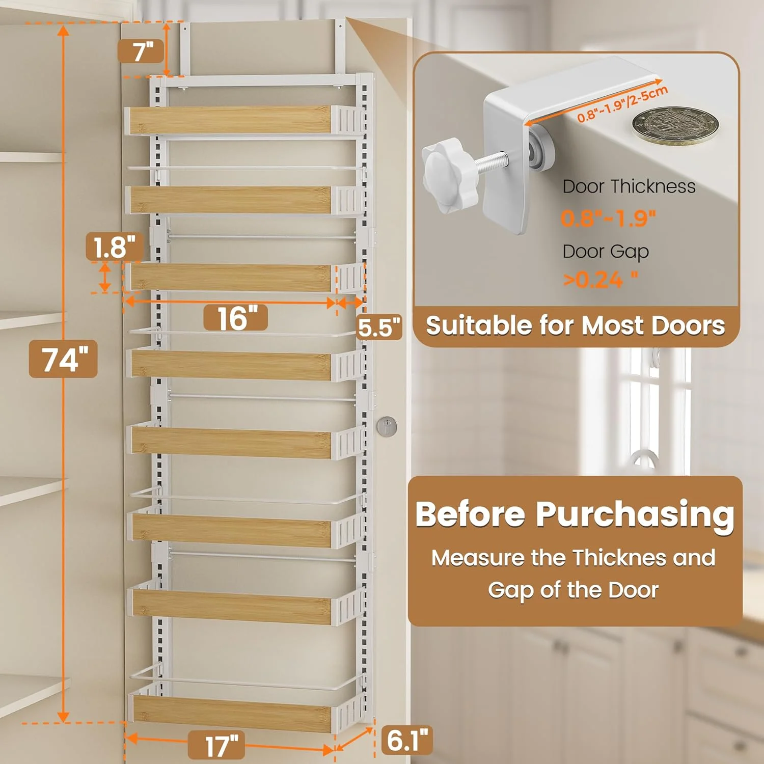 8 Tier Over The Door Pantry Organizer, 2 IN 1 Wall Mount or Hanging Spice Rack Seasoning Shelves with Adjustable Basket, Back of Door Organizer and Storage for Kitchen Cabinet and Room Closet