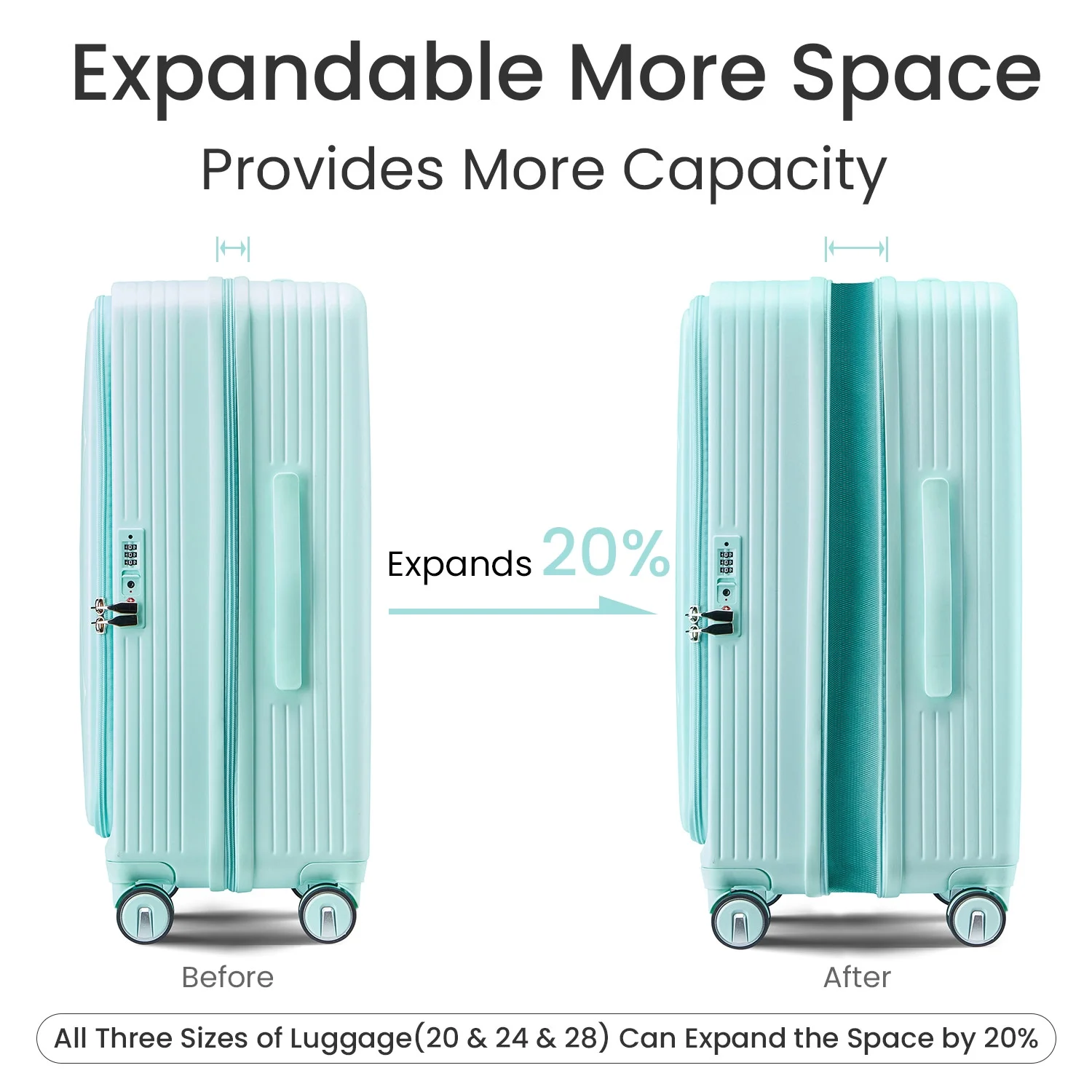 POWANLI 3 Piece Luggage Sets (20''24''28''), PC Hard Shell Expandable Lightweight Carry On Luggage, with Front Pocket and Spinner Wheels, TSA Lock, Airline Approved(Mint Green)