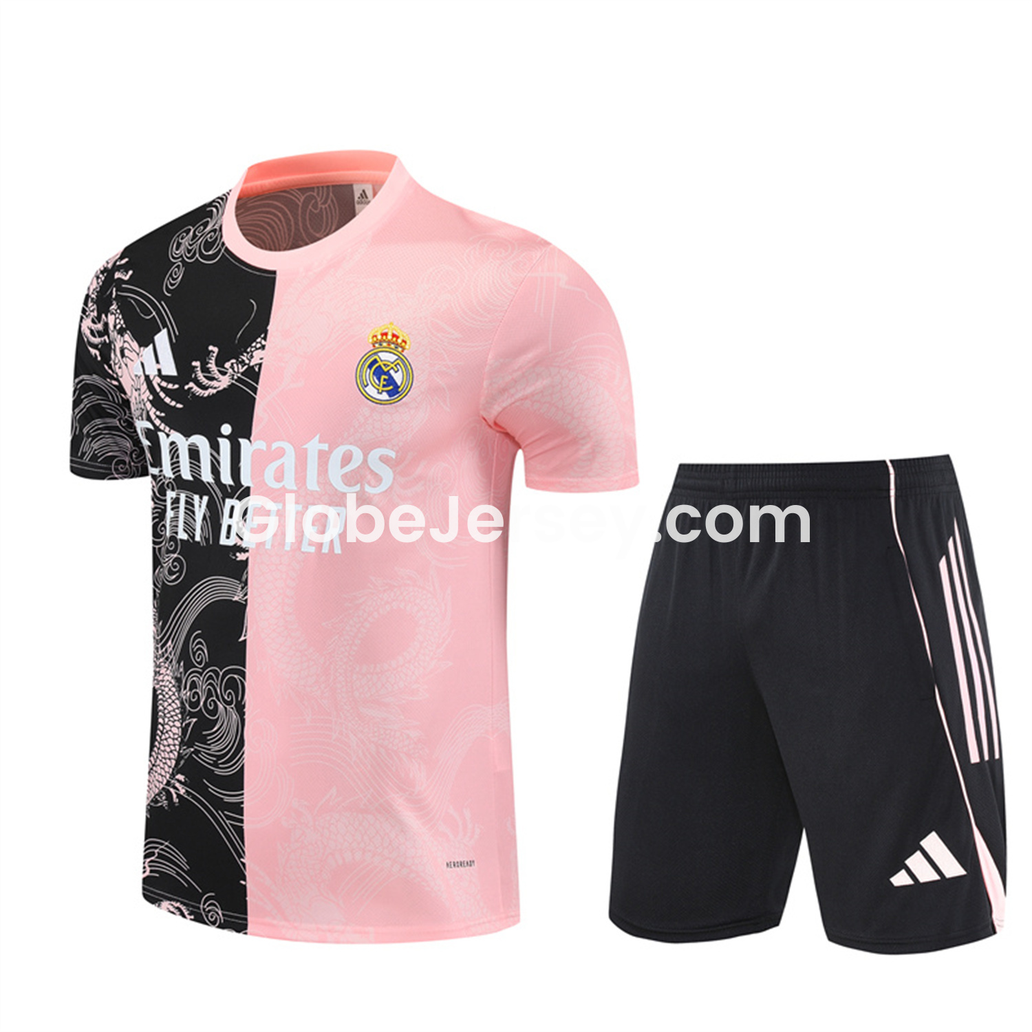 Real Madrid 25-26 Short-Sleeve Training Set - Pink Black Top & Black Shorts