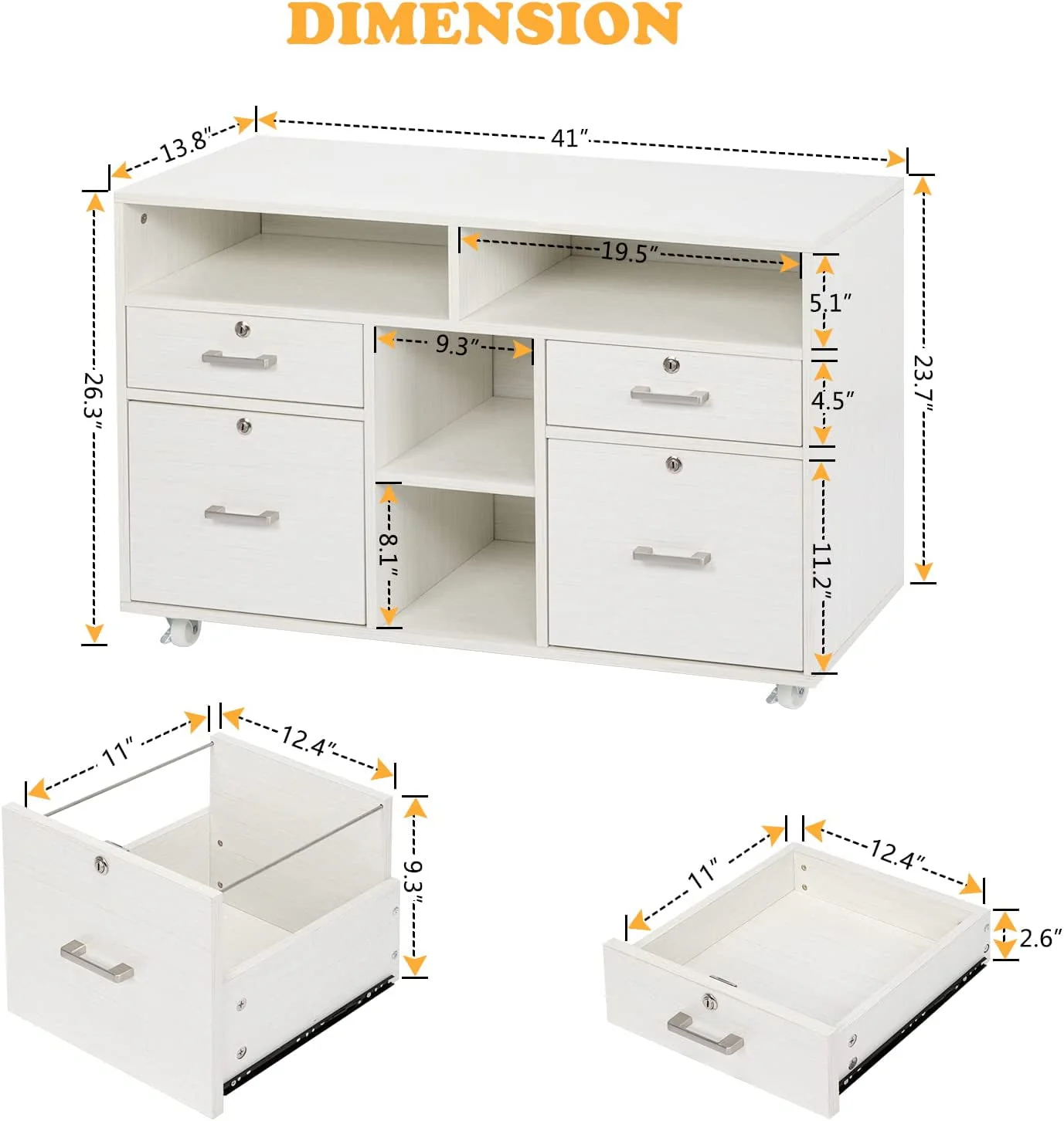 VINGLI Rolling 4-Drawer File Cabinet with Lock and Shelves, Wood Lateral Filling Printer Stand for Home Office, Cream White