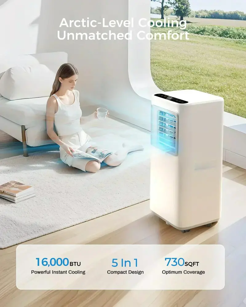 16.000 BTU Portable Smart Air Conditioner – 5-in-1 WiFi-Capable Unit with App Control and Fan Mode