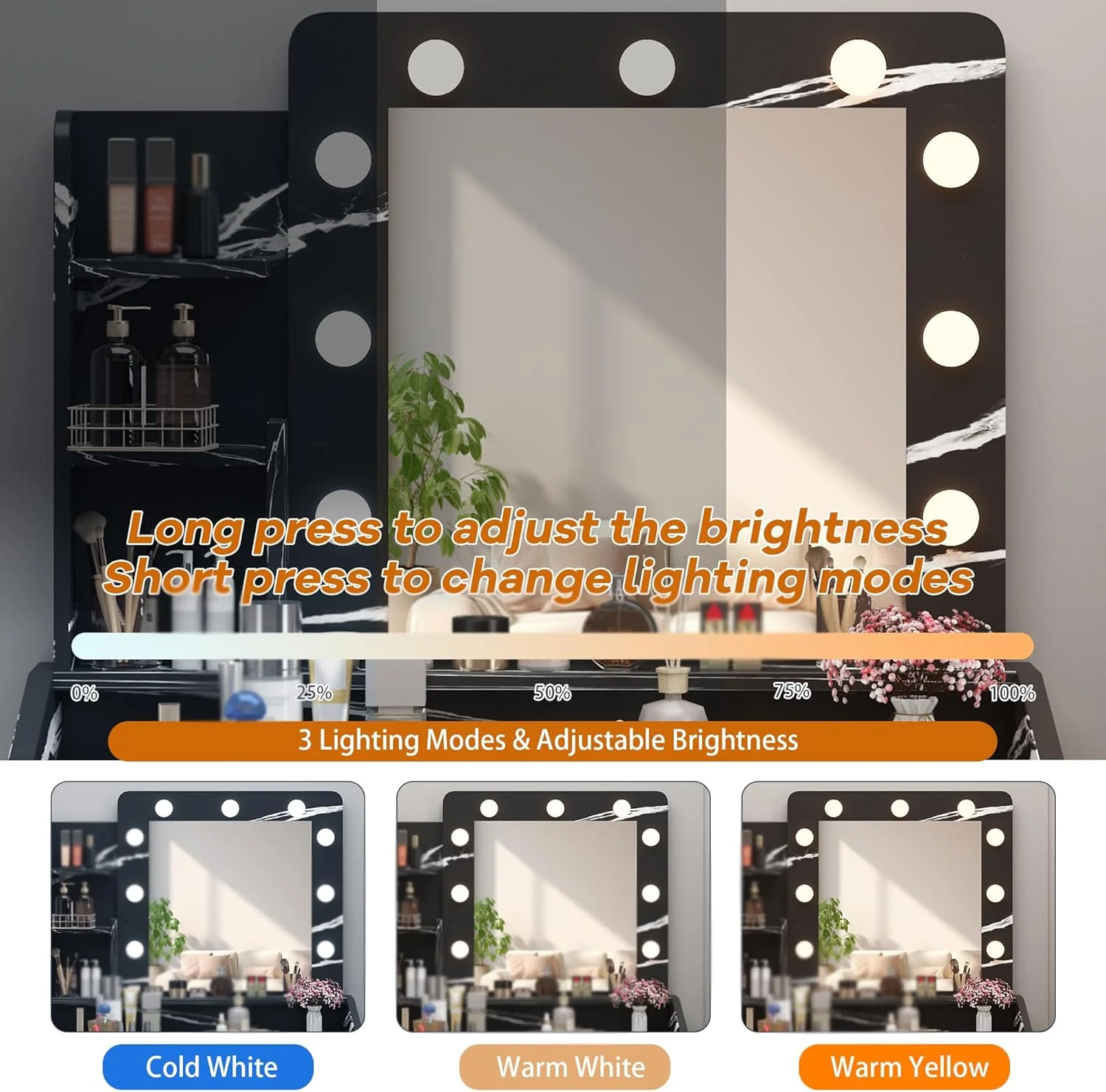 OYang Makeup Vanity with Lights, Vanity Desk with Mirror and Lights Set, Large Drawer and Two-Tier Lots Storage Cabinet, 3 Lighting Modes Adjustable Brightness