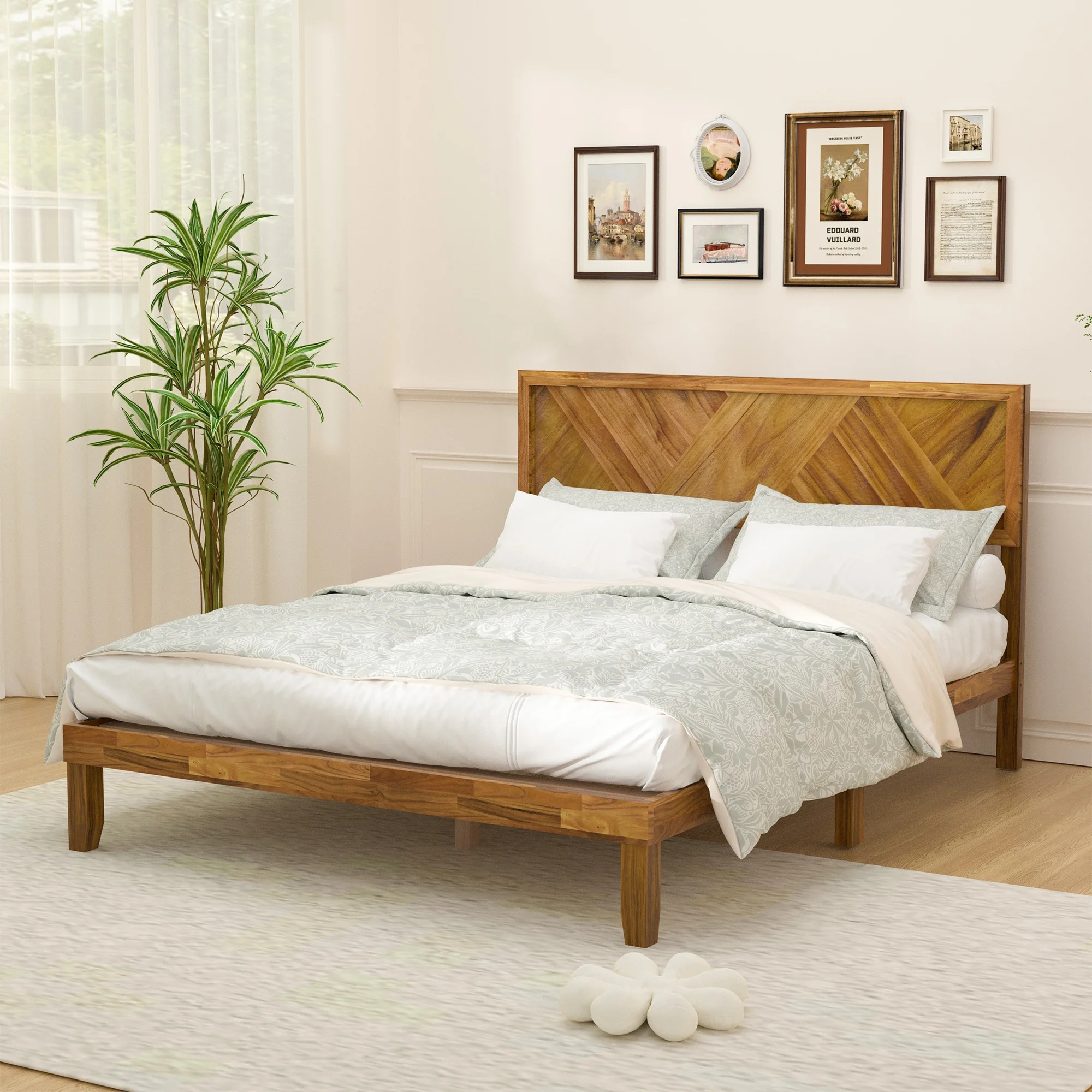 Joywind Queen Bed Frame with Headboard, Solid Acacia Wood Platform Bed with Wood Slat Support, No Box Spring Needed, Easy Assembly