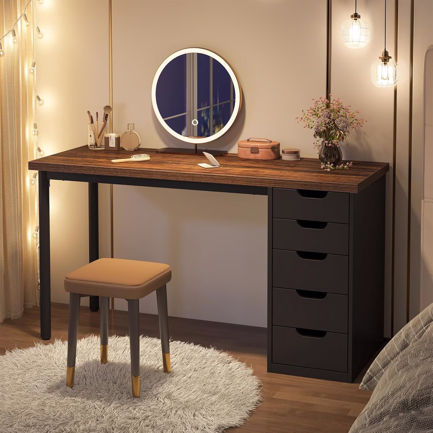 Tribesigns 47 inches Vanity Desk with 5 Drawers, Rustic Makeup Dressing Table with Storage, Modern Simple Computer Desk for Women, Girls (Brown)