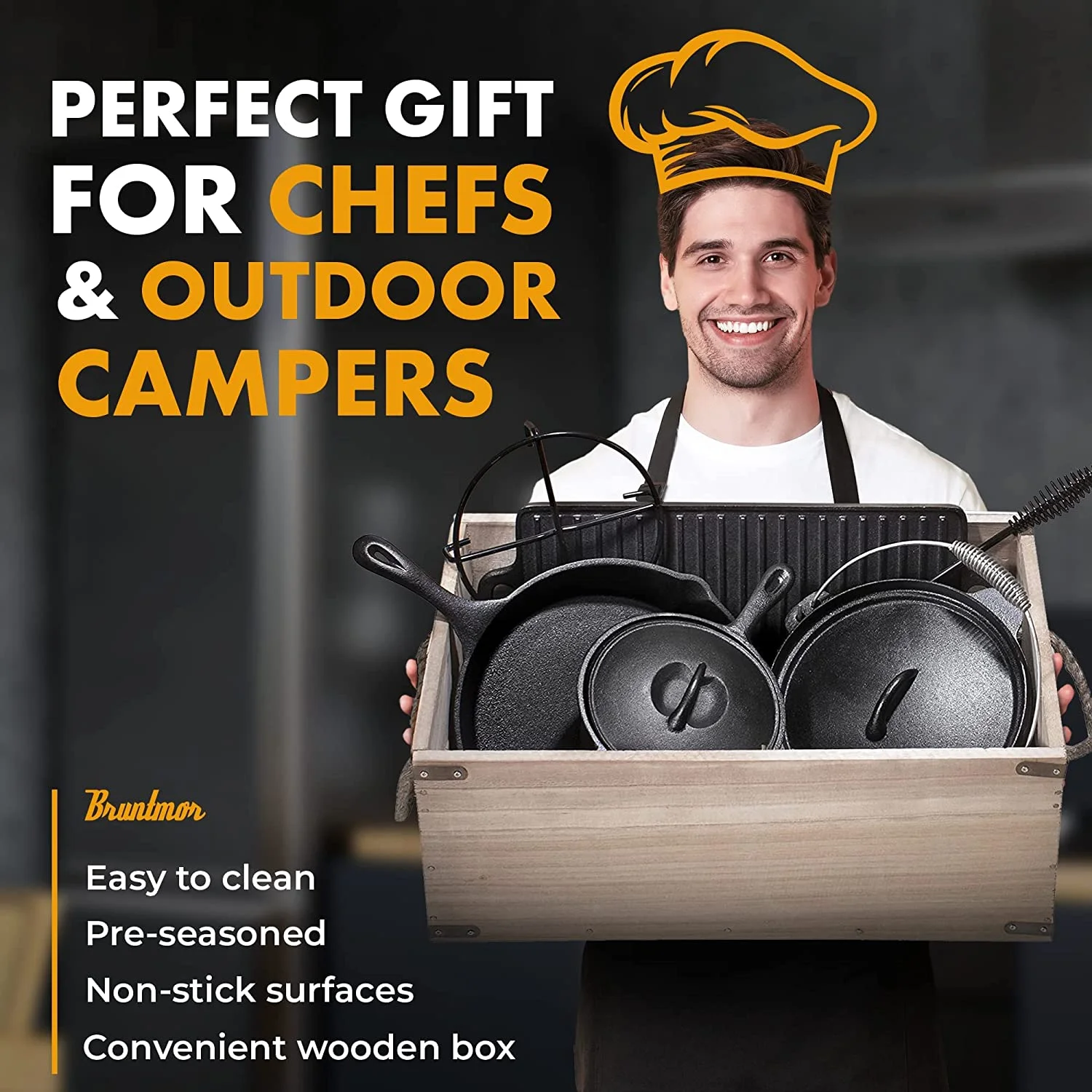 Bruntmor Camping Cooking Set Of 7 - Pre Seasoned Cast Iron Pots, Pans, and Dutch Ovens with Lids for Outdoor Campfire Cooking - Skillet Grill Cookware Set with Storage Box