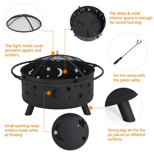 SMILE MART Iron Fire Pit Set Heating Equipment Camping Fire Bowl with Poker Mesh Cover for BBQ Backyard Patio Outdoor Fireplace Black