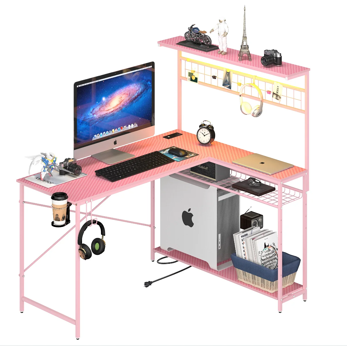 Bestier 51 L Shaped Gaming Desk with Power Outlets & LED Light, Computer Desk with 4 Tiers Shelves for Home Office, Reversible Gamer Table with Hooks and Cup Holder, Carbon Fiber