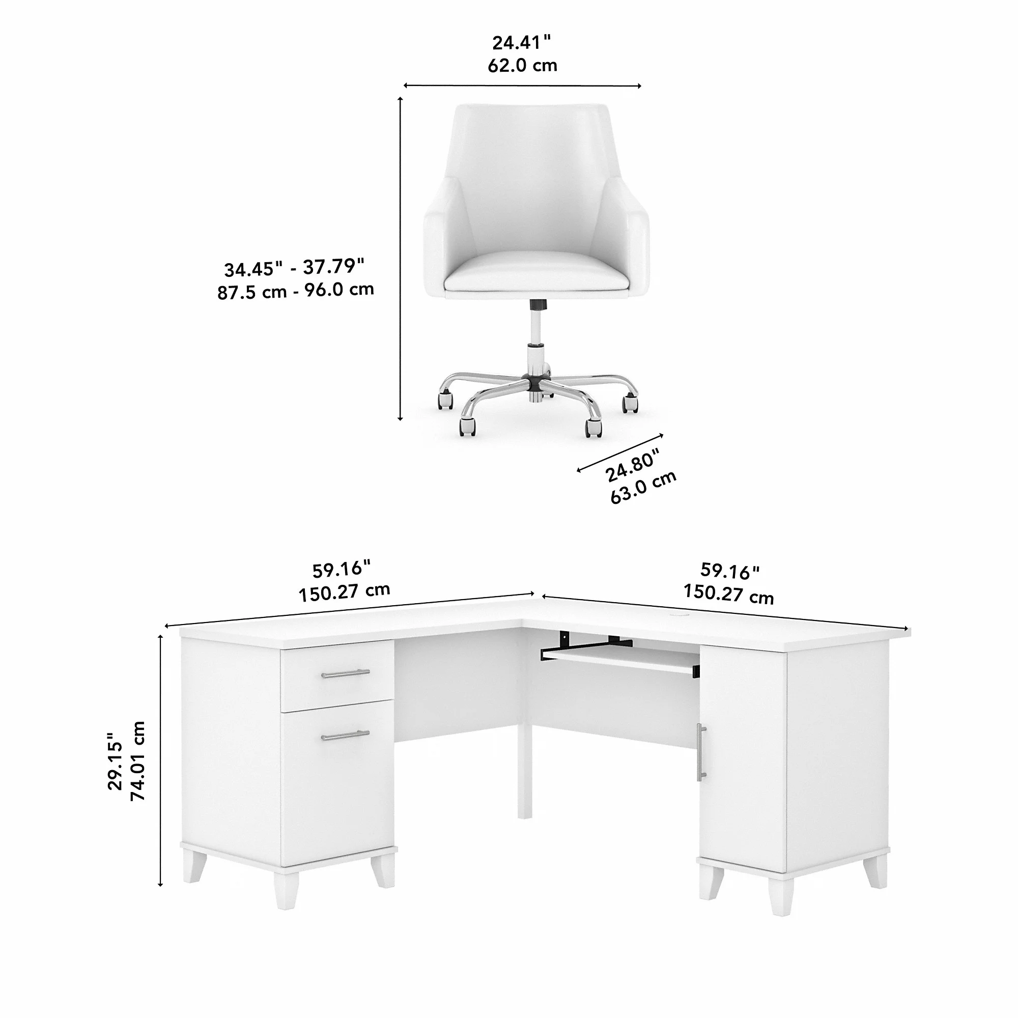 Bush Furniture Somerset 60 in L Desk and Chair Set with CPU Storage, Box Drawer and File Drawer in Ash Gray