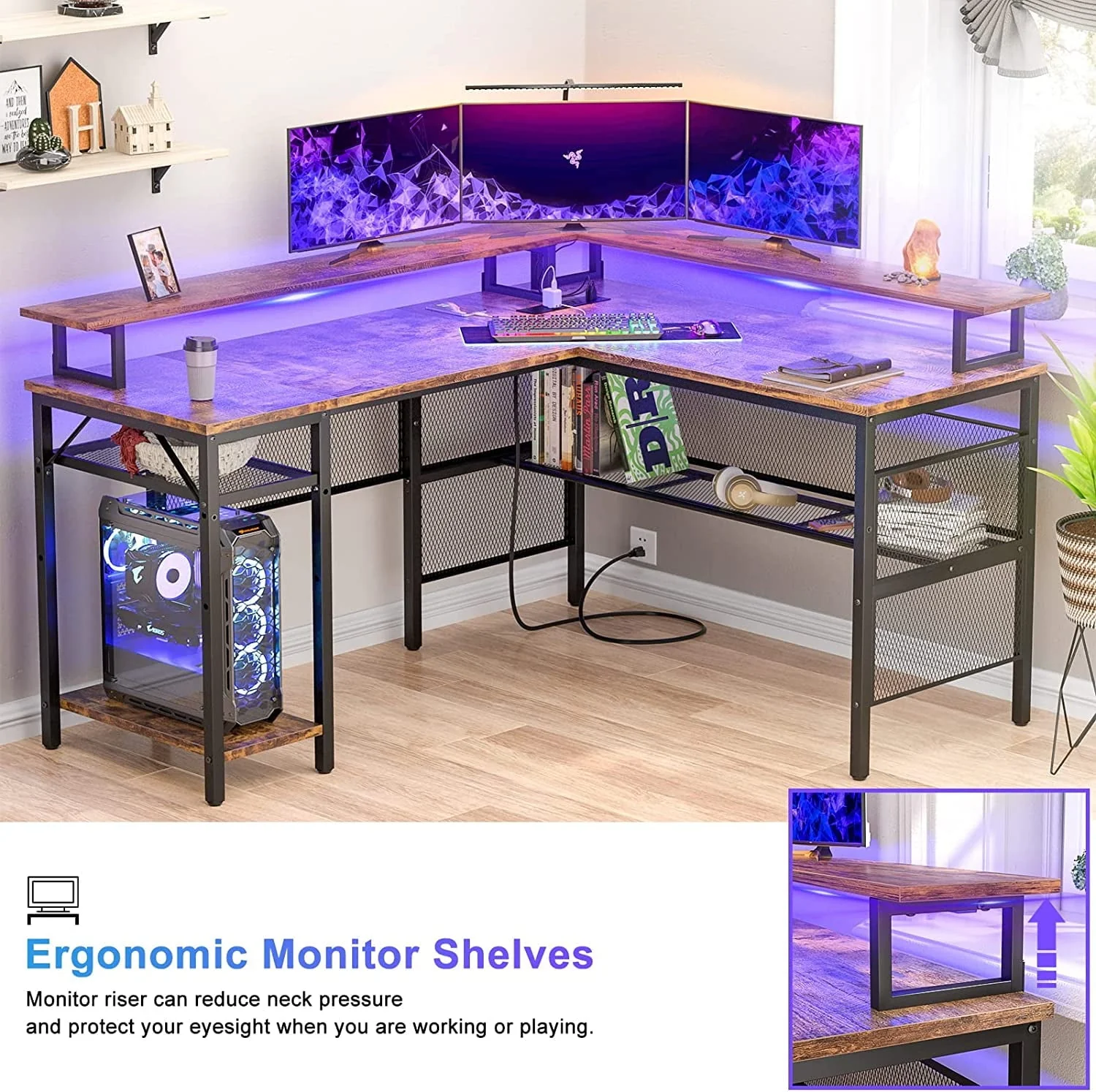 Homieasy L Shaped Desk with Power Outlets and LED Light, 55 inch Reversible L-Shaped Gaming Desk with Monitor Stand, Ergonomic Corner Computer Desk with Storage Shelf for Home Office, Rustic Brown