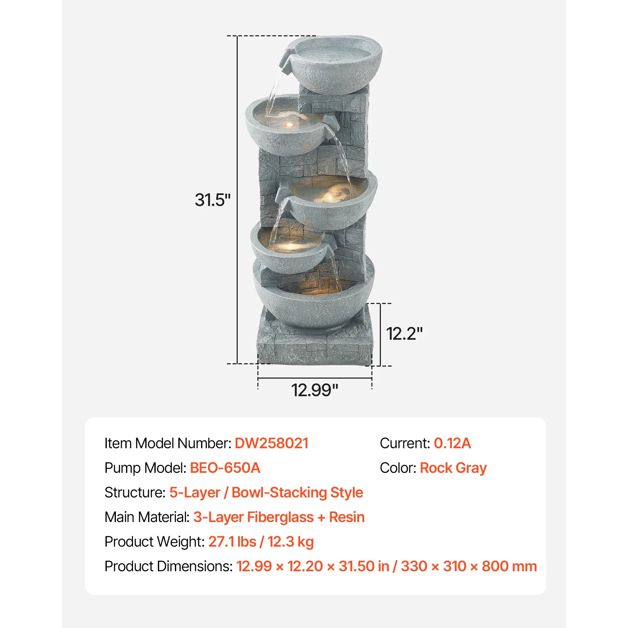 KFFKFF 31.5-Inch Outdoor Water Fountain with LED Light, 5-Tier Cascading Bowl Design, Floor-Standing Waterfall Feature for Garden, Patio, Home, and Backyard Use