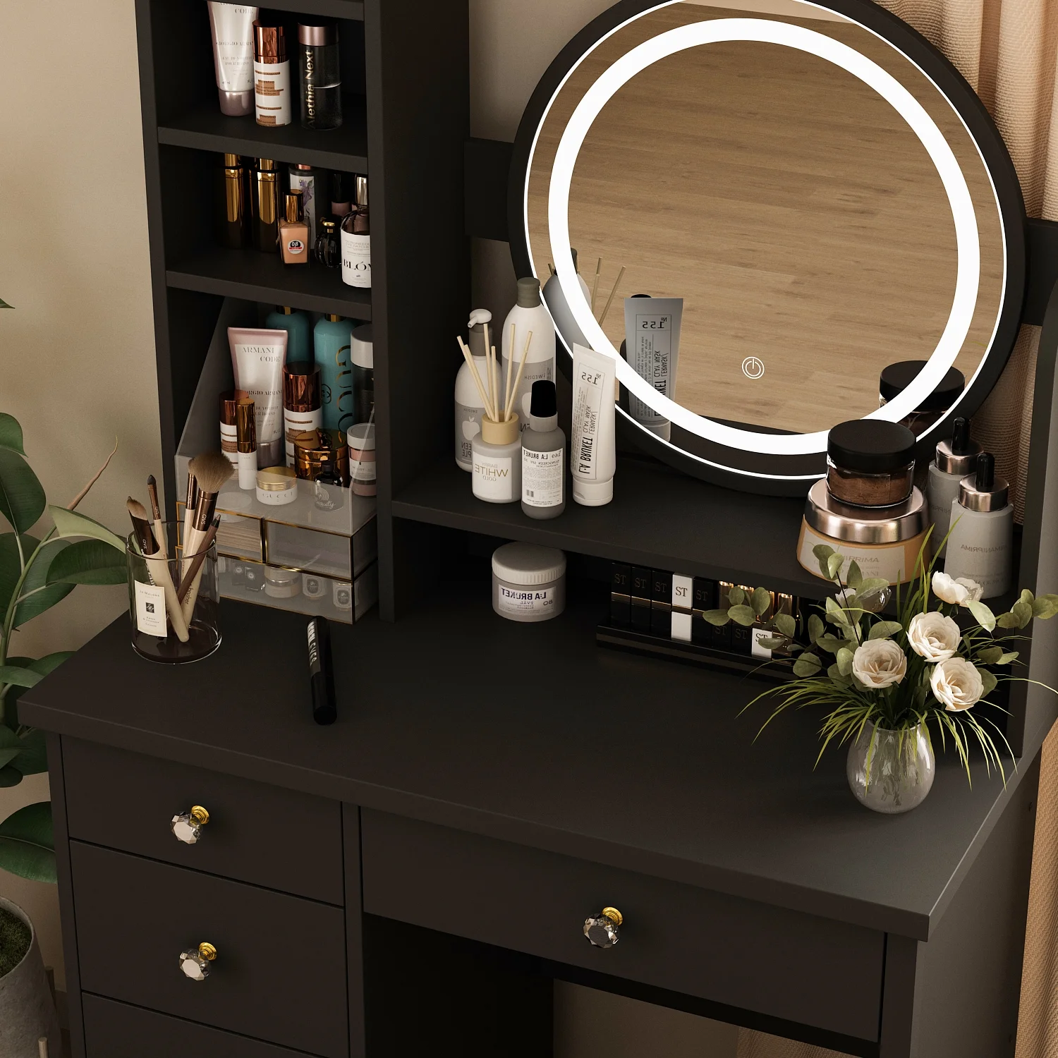 OXYLIFE Makeup Vanity Desk Table with Sliding LED Lighted Mirror, Cushion Stool, 4 Drawers and Shelves, White+Gray