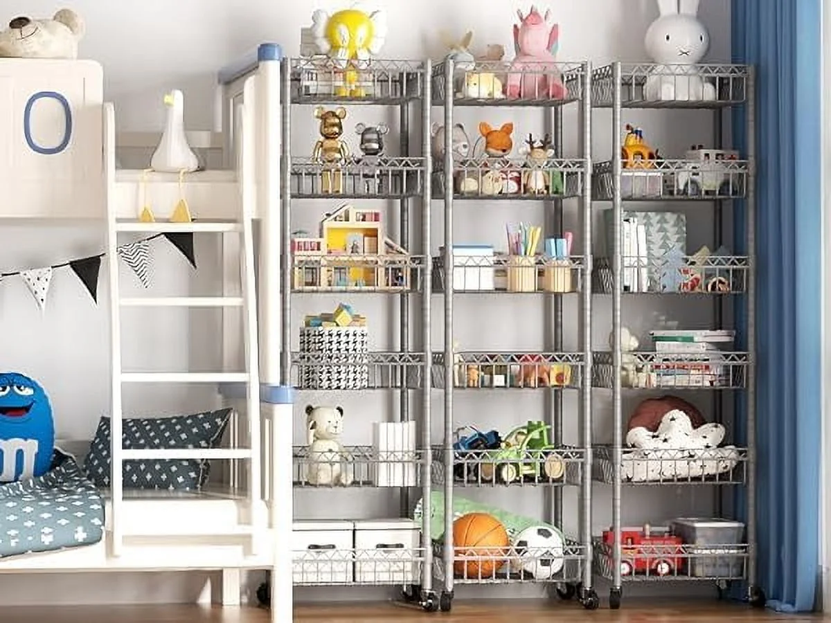 6 Tier Wire Shelving Unit with Wheels Baskets Storage Rack Corner Shelves Adjustable Shelf Closet Bathroom Organizers Metal Pantry Kitchen Garage Laundry Room 13.5