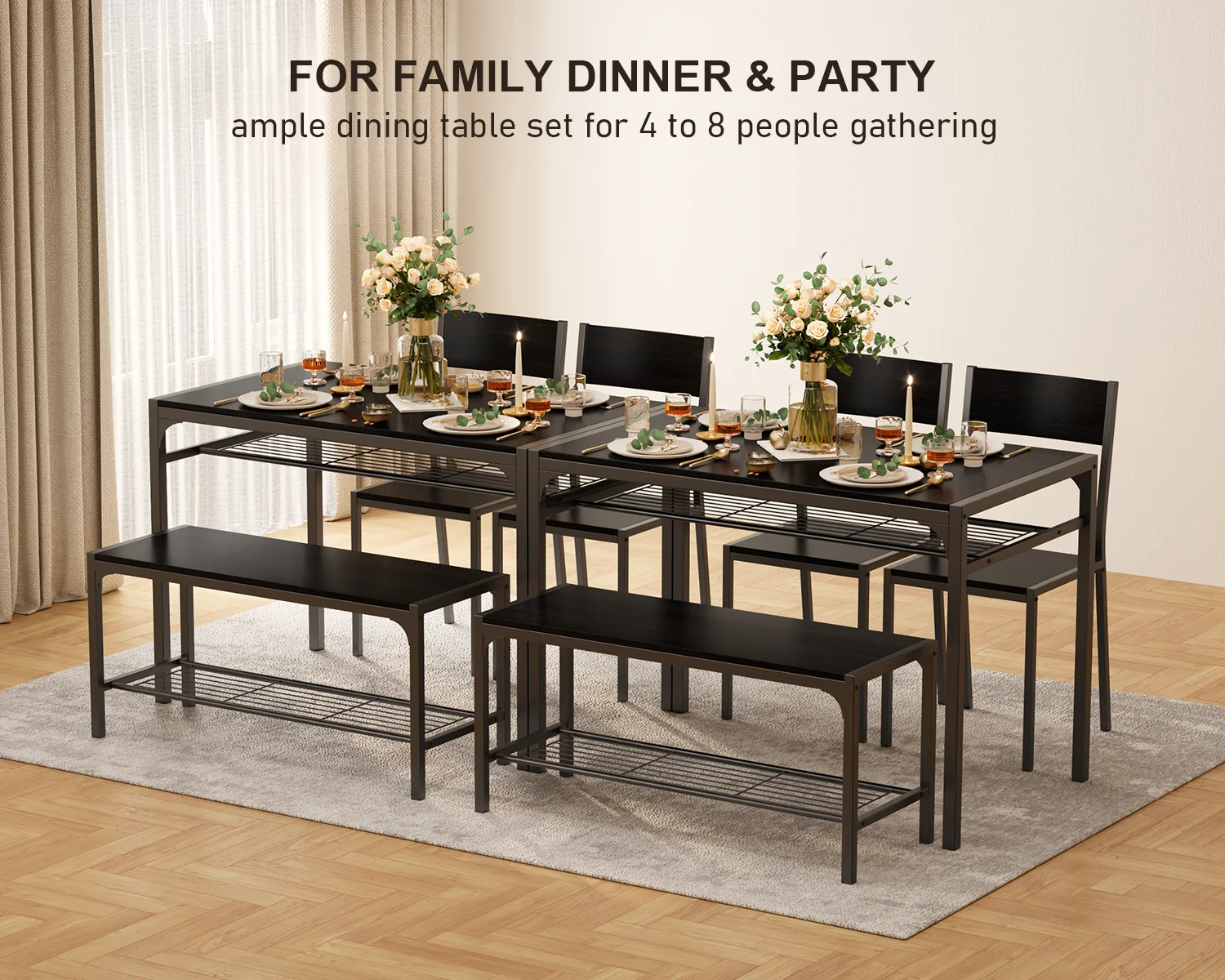 Lofka Dining Table Set for 4, Kitchen Table Set with Storage Rack, 1 Bench & 2 Chairs, Black