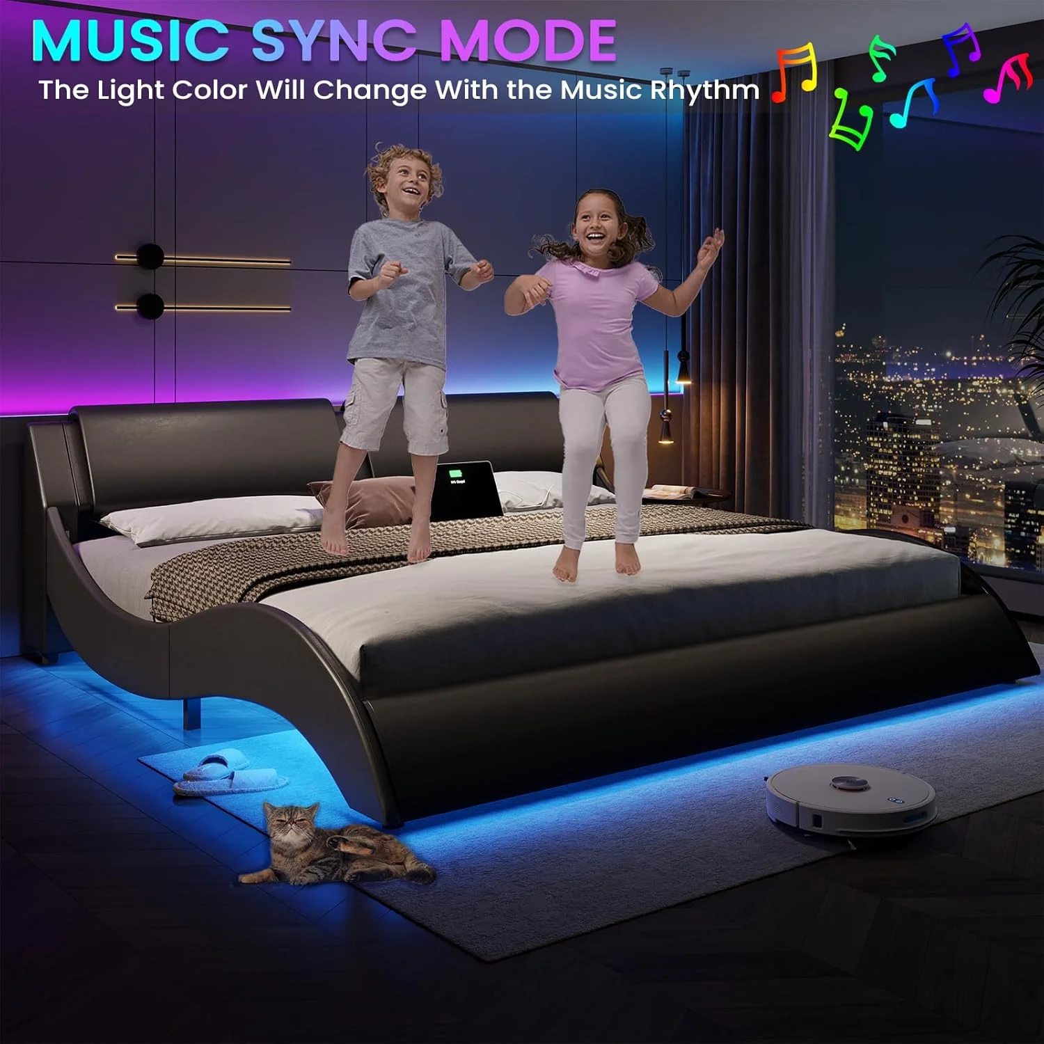 Led Bed Frame King Size Platform Bed Frame with LED Lights&USB Ports&Headboard,Low Profile Wave Like Curve King Bed, No Box Spring Needed, Black