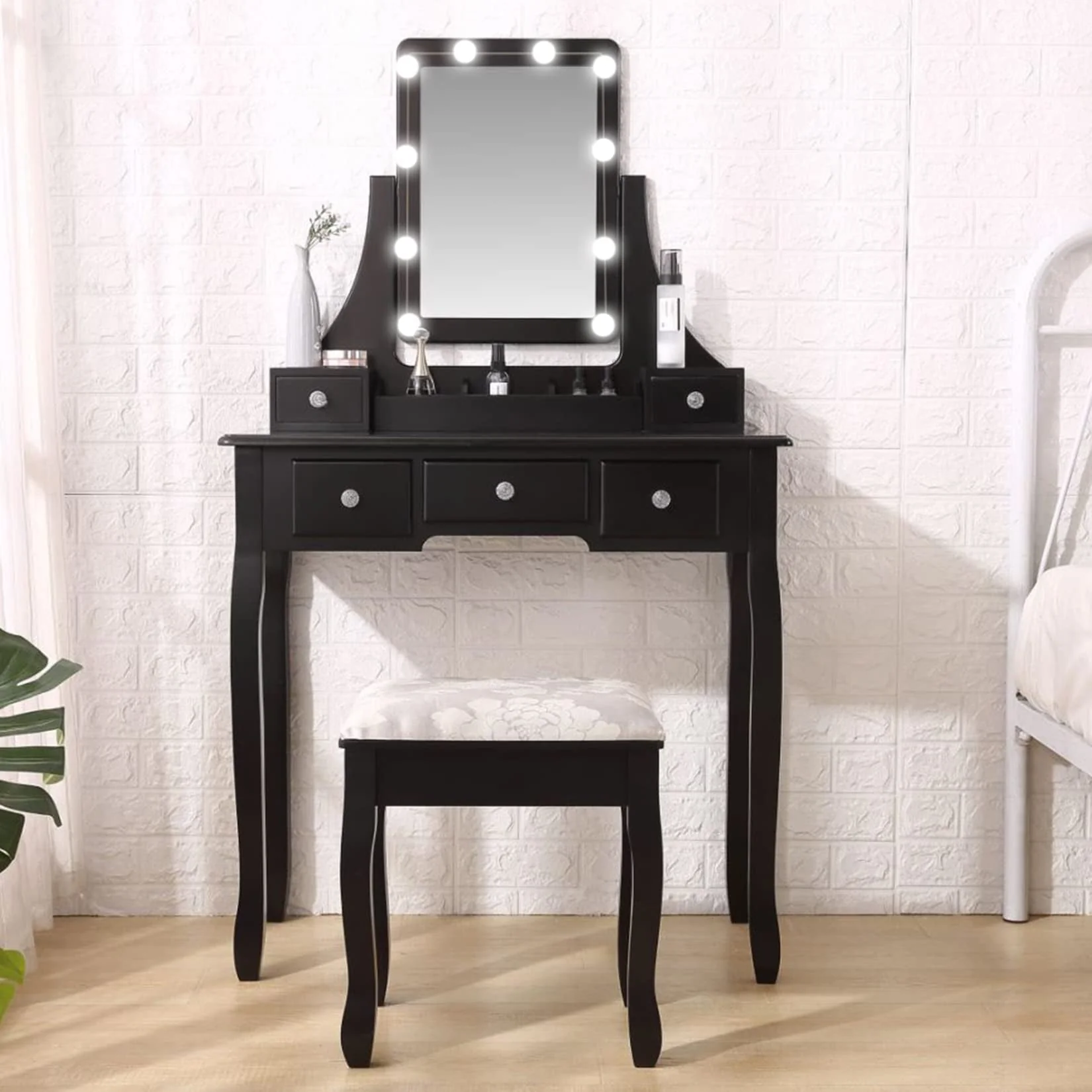 VEANERWOOD Makeup Vanity Table with 10 Led Lights, Lighted Mirror Vanity Desk with Cushioned Stool Set, 5 Drawers and 2 Shelves, Bedroom Dressing Vanity, Luxurious, Black