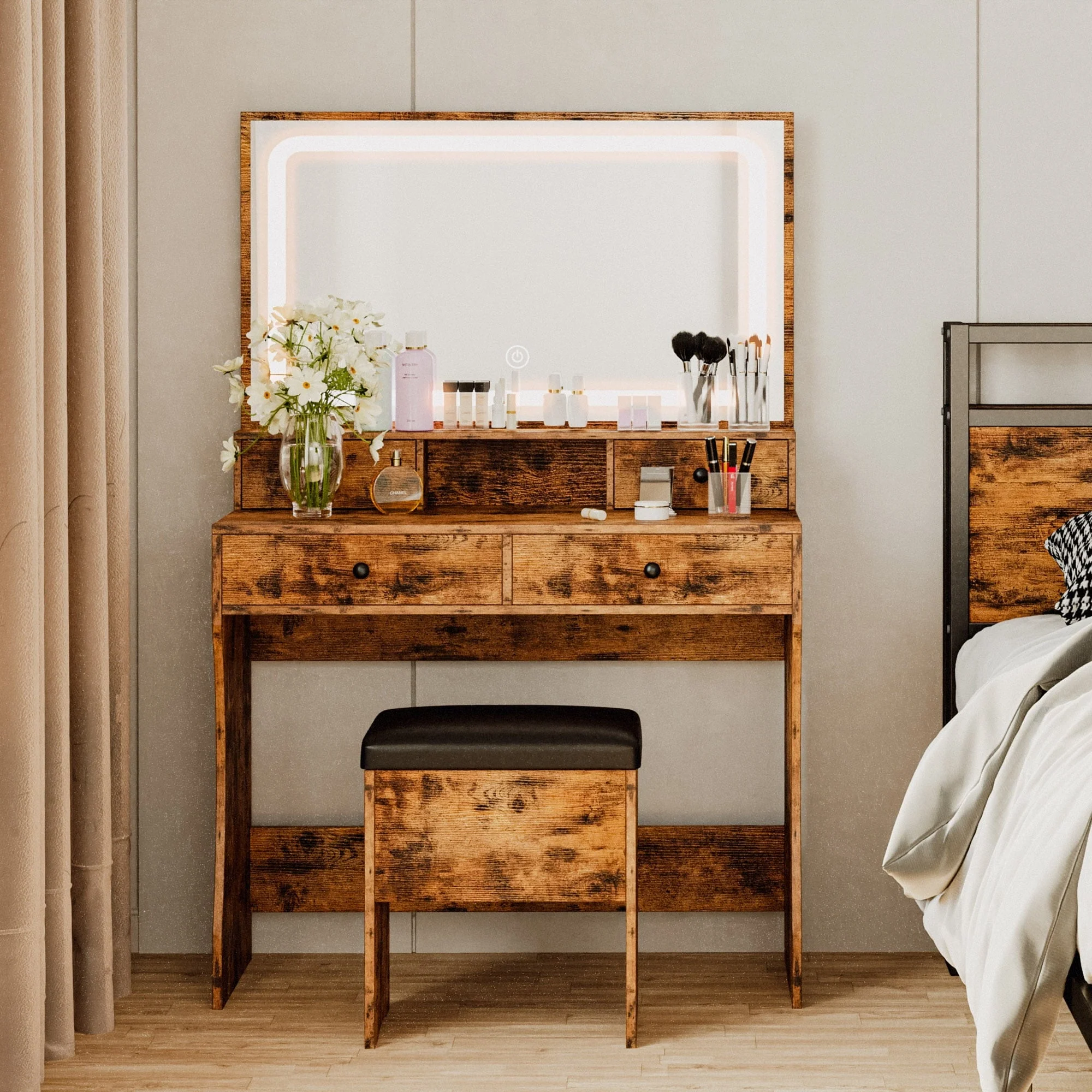 IRONCK Vanity Makeup Table Desk Set with LED Light Mirror & Power Outlet,  with 4 Drawers,Modern White