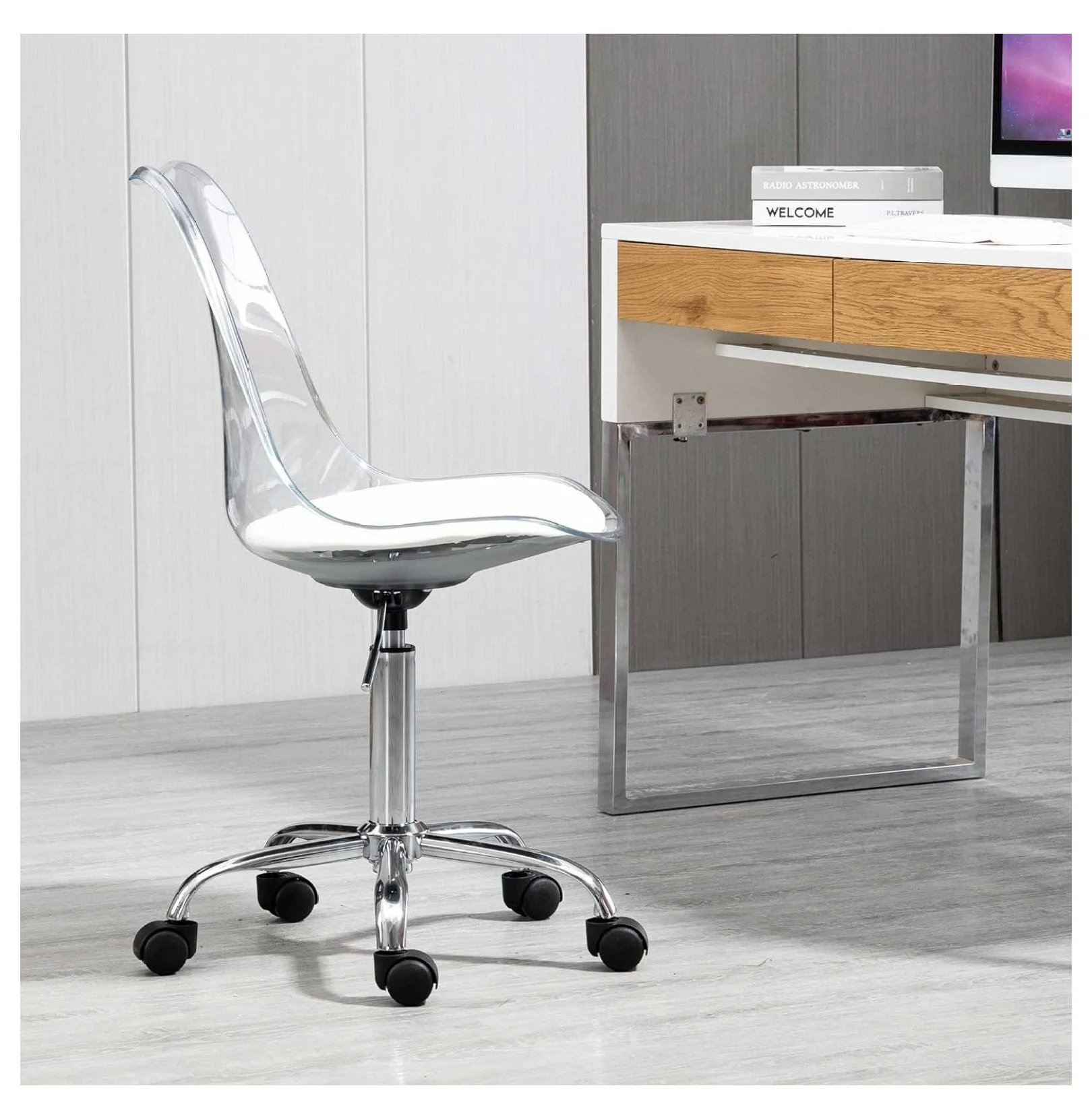 saney Clear Rolling Chair, Armless Desk Chair with Golden Feet Swivel Molded Plastic Shell Adjustable Home Office Chair with Wheels, Clear