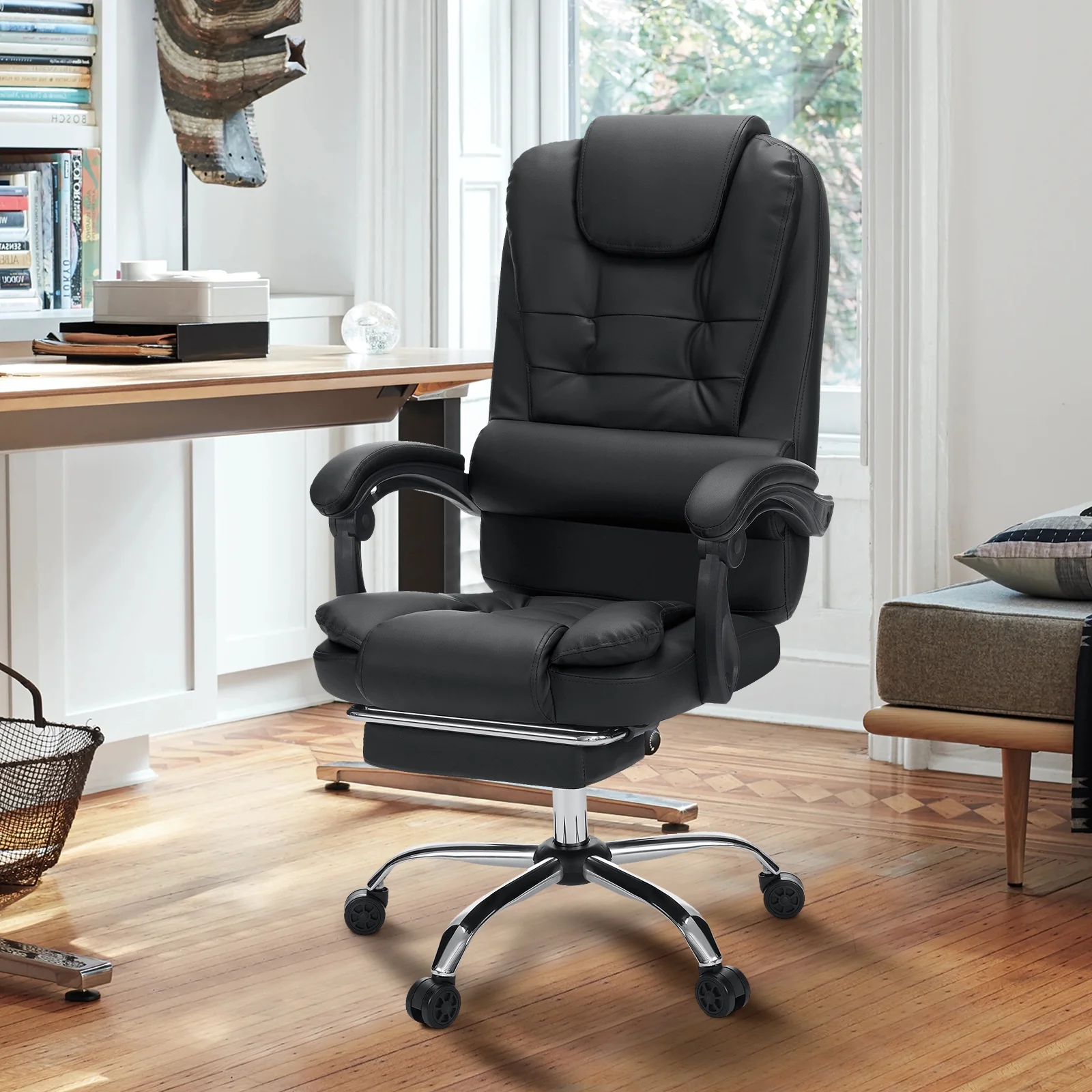 Hoffree Executive Office Chair Massage High Back Leather Office Chair with Footrest Reclining Computer Desk Chair Lumbar Back Support Swivel Rolling for Home Office Black