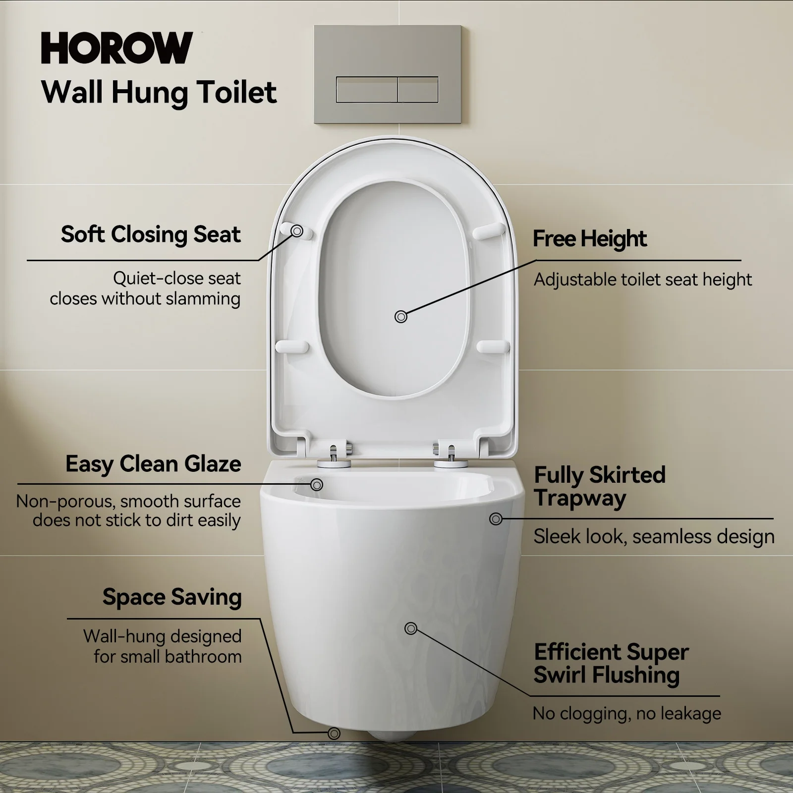HOROW Wall Hung Toilet,with Soft Closing Seat,Round Floating Bowl, Rear Outlet Space Saving,White
