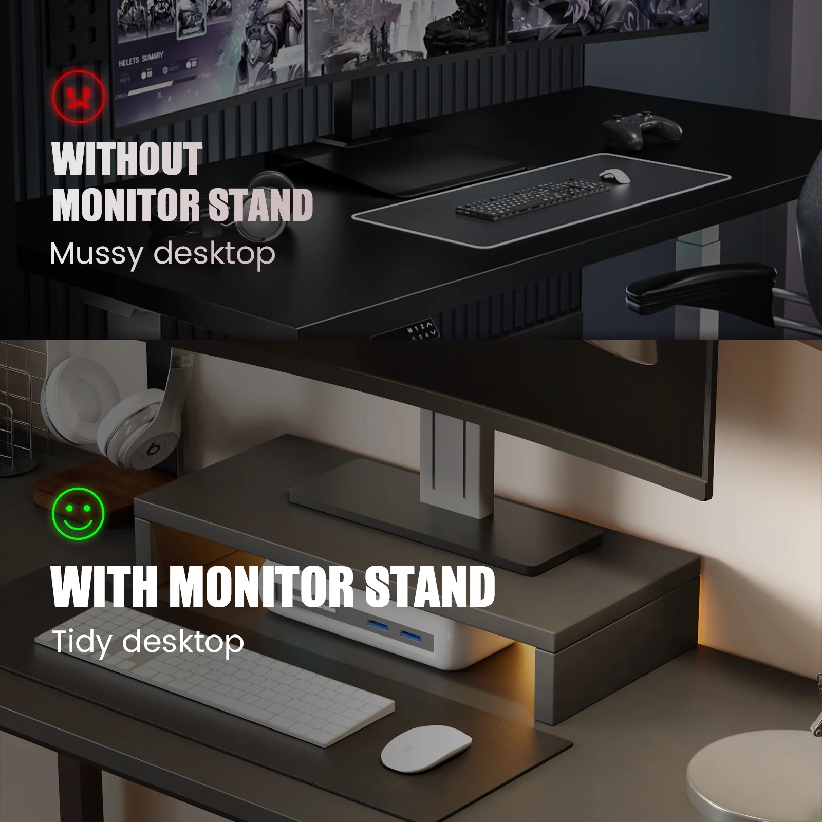 GTRACING L-Shaped Gaming Desk with RGB Light and Removable Storage Stands, Black