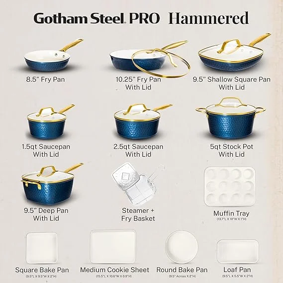 Gotham Steel Hammered 20 Pc Ceramic Cookware Set Nonstick, Induction Pots and Pans Set, Non Toxic Cookware Sets, Oven & Dishwasher Safe - Copper