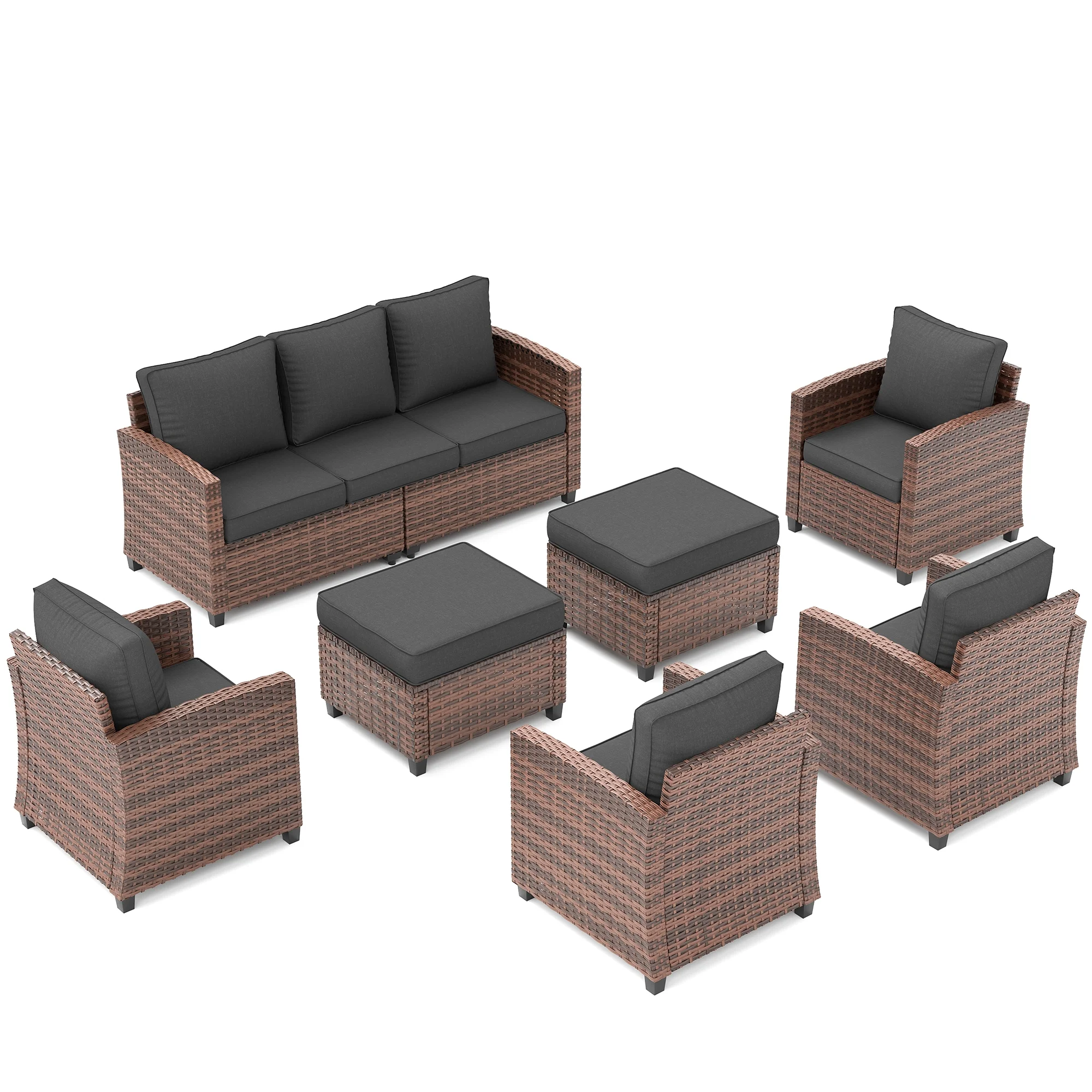 POTEBAN Patio Furniture Set, 7 Pieces Outdoor Sectional Sofa Couch with Chairs, Ottomans and Comfy Cushions, All Weather Wicker Rattan Patio Conversation Set for Garden Backyard Dark Grey