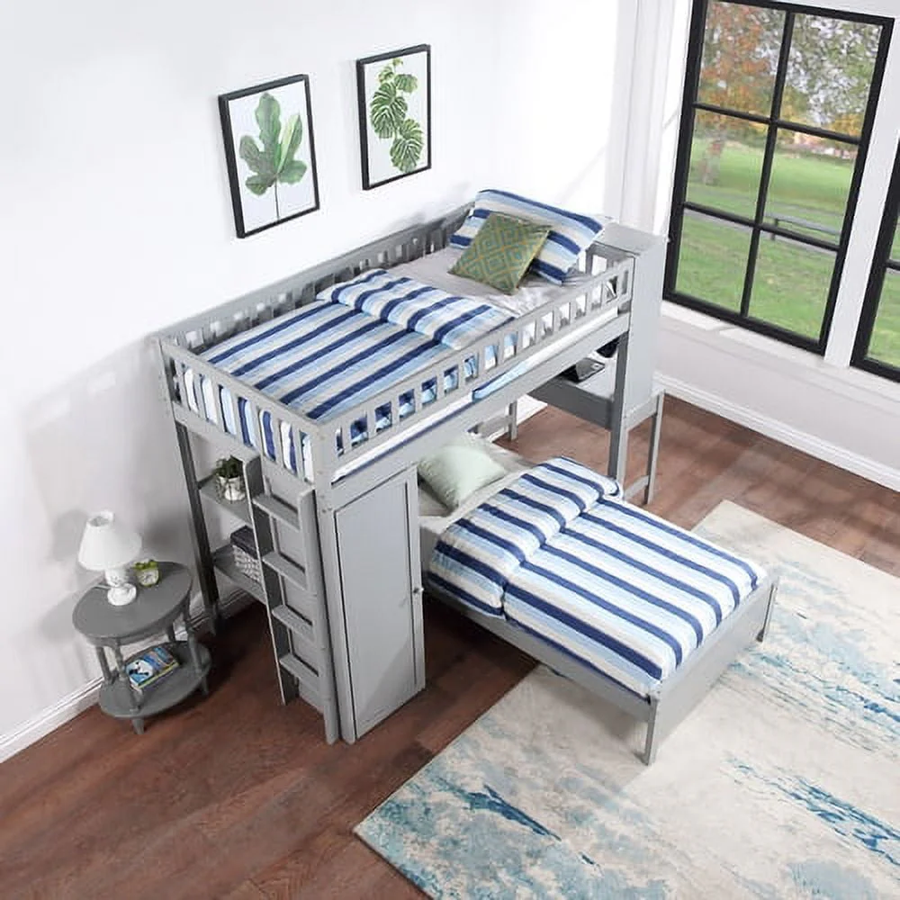 Twin Loft Bed with Closet & Desk, Wood Bed Frame with Movable Bed, Bunk Bed for Kids Adult, Gray