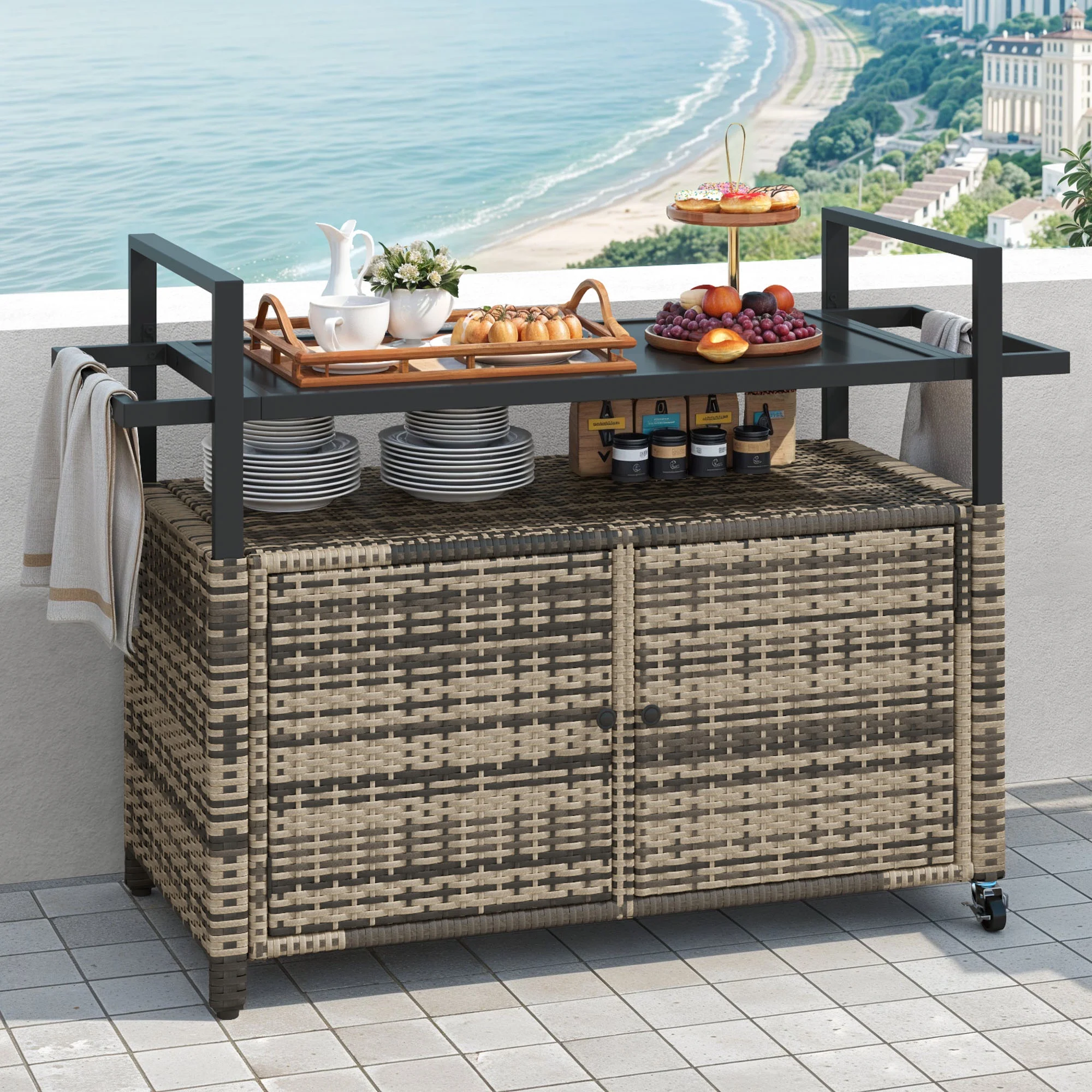 Dextrus Large Outdoor Storage Cabinet, 70 Gallon Outdoor Storage Cart with Movable Wheels & Black Glass Table Top,for Patio Garden,Gray