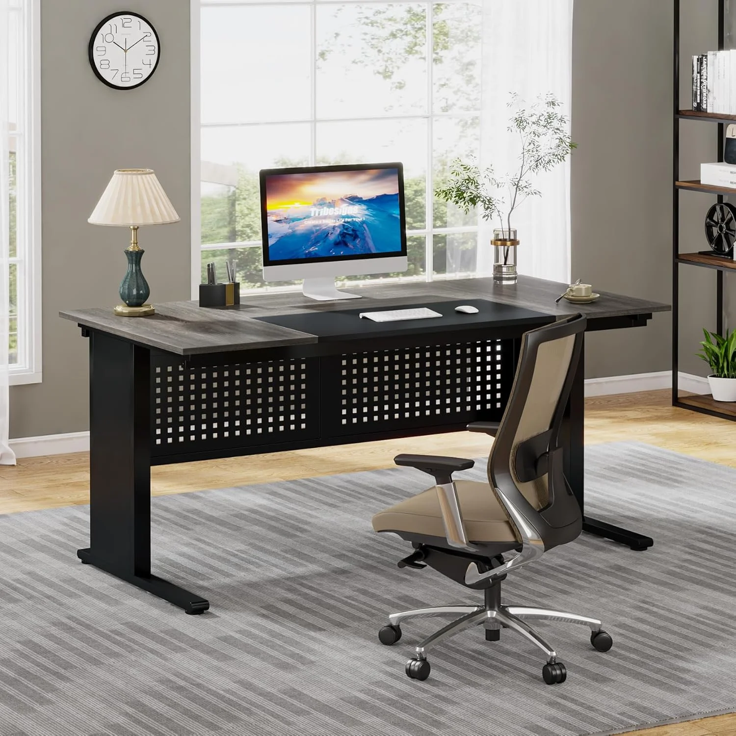 Tribesigns 63 Inch Executive Desk with File Cabinet, Large Office Desk L Shaped Computer Desk with Drawers and Storage Shelves, Business Furniture Desk Workstation for Home Office, Brown and Black