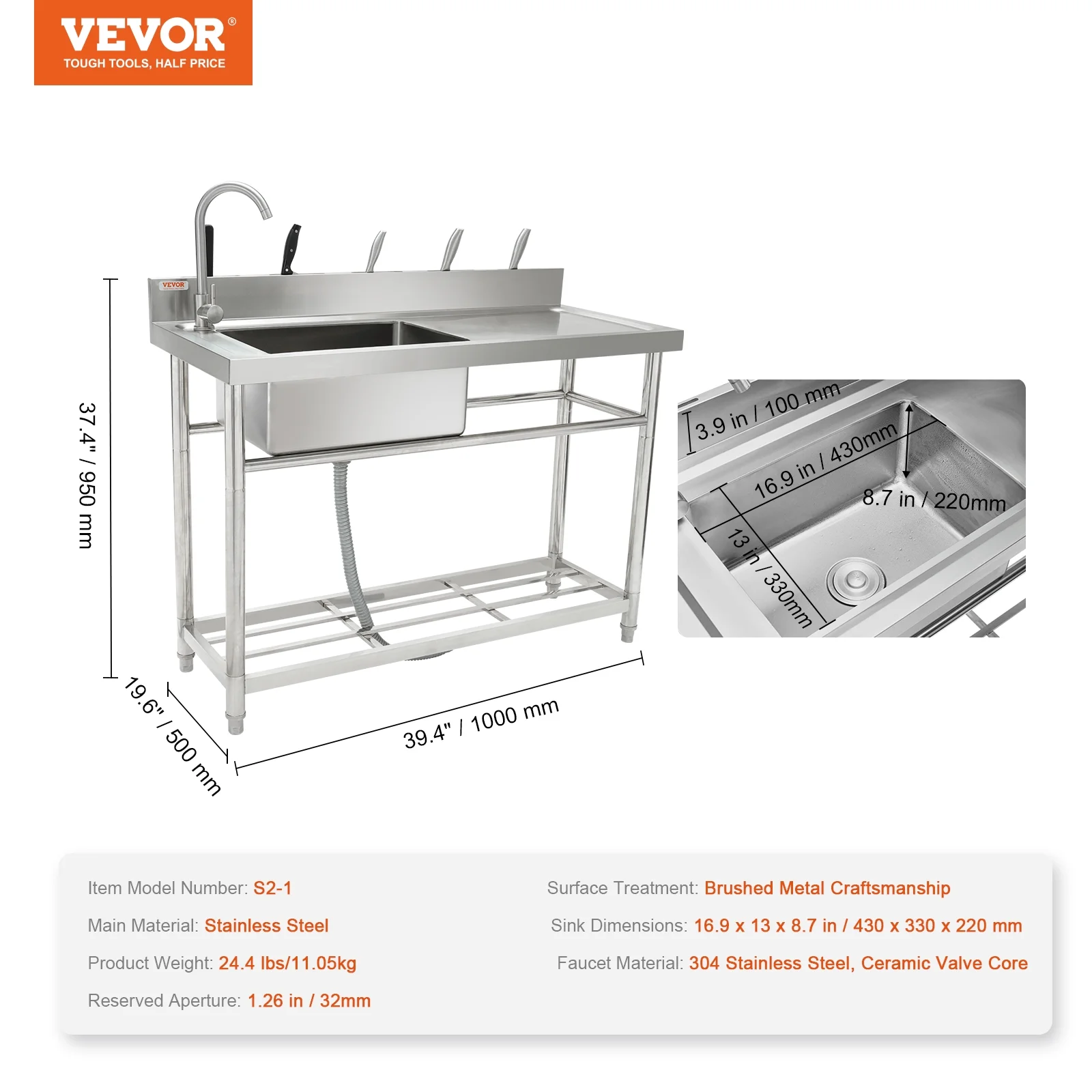 VEVOR Stainless Steel Utility Sink, 1 Compartment Free Standing Small Sink w/Workbench Faucet & legs, 39.4 x 19.1 x 37.4 in Commercial Single Bowl Sinks for Garage, Restaurant, Laundry,NSF Certified