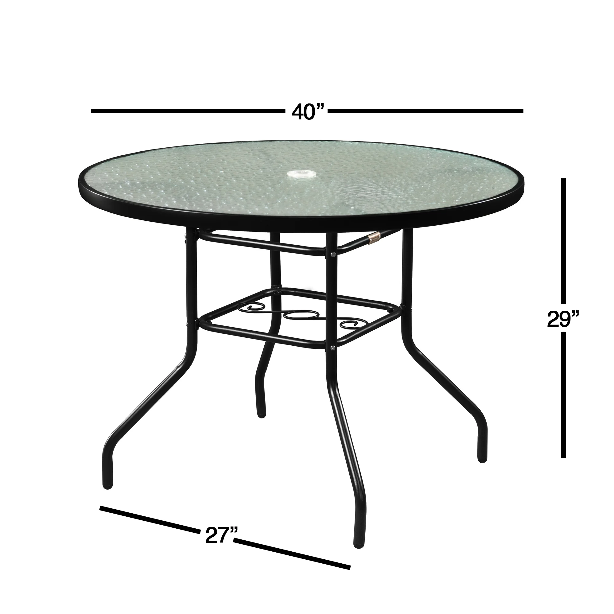 Garden Elements Outdoor Round Patio Dining Table, Steel Base and Rim with Waterwave Glass Top, Black, 40