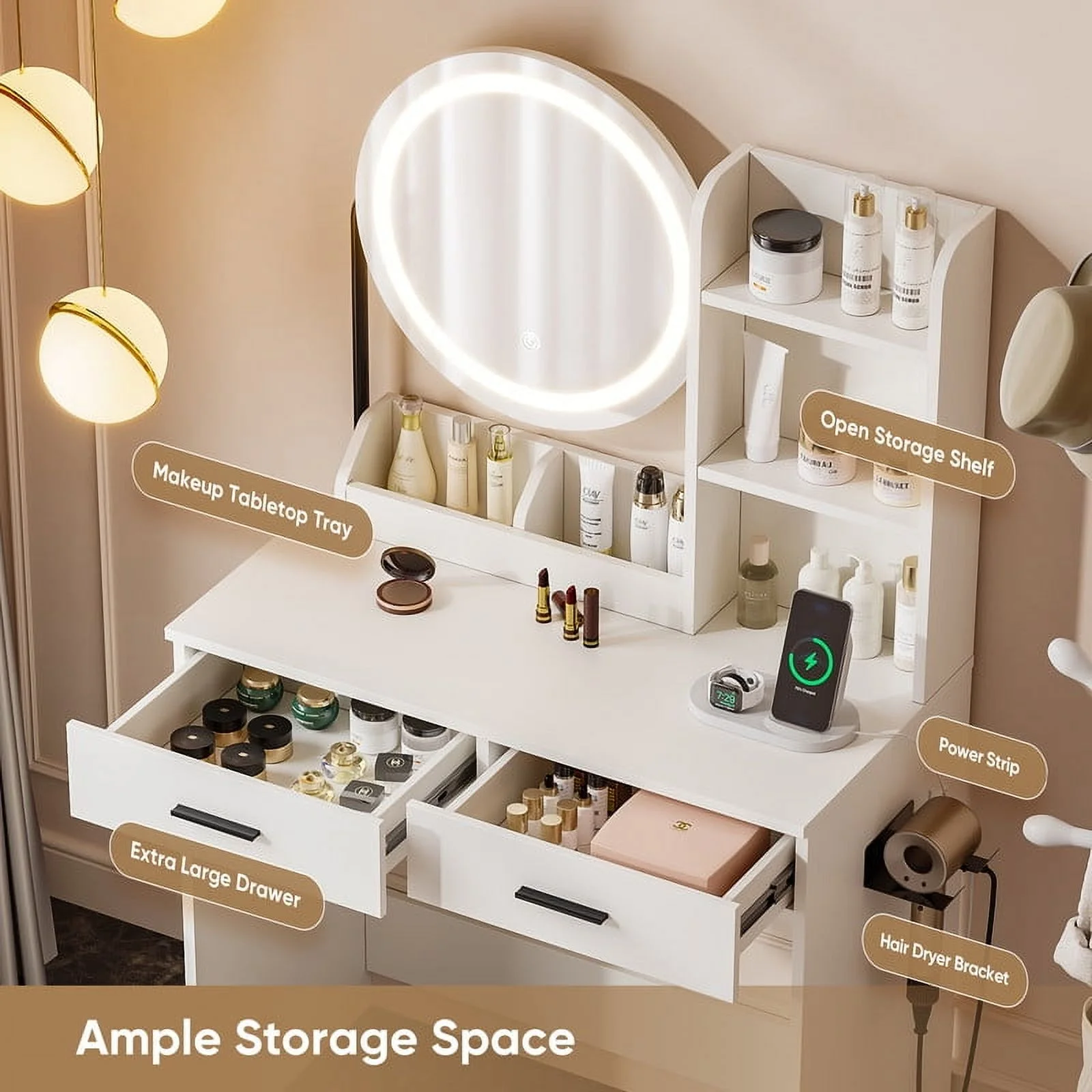 Vanity Desk with Chair, White Makeup Desk Set with Mirror & LED Lights, Vanity Table with Power Strip, 2 Drawers, 4 Shelves