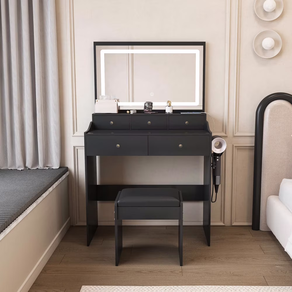 Kadyn Vanity Desk with Lighted Mirror, Vanity Table and Chair Set with 2 Drawers, Dressing Table Makeup Desk with 1 Door, Retro Gray
