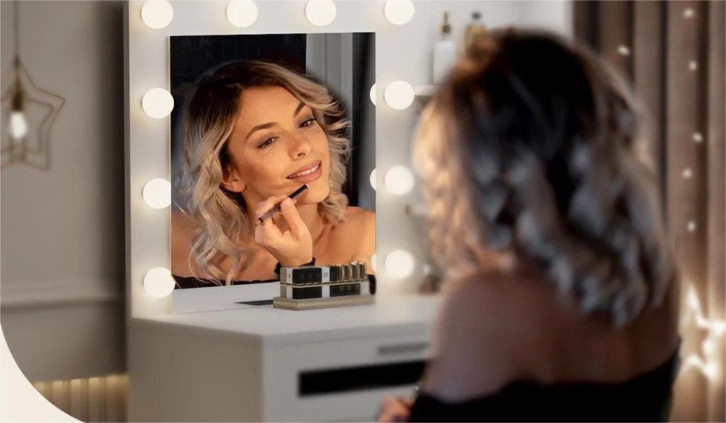 LIVELYGLOW Vanity Desk with Mirror and Lights, Makeup Vanity with Drawer & Storage Shelves, Cabinet, 3 Lighting Modes Adjustable Brightness,White