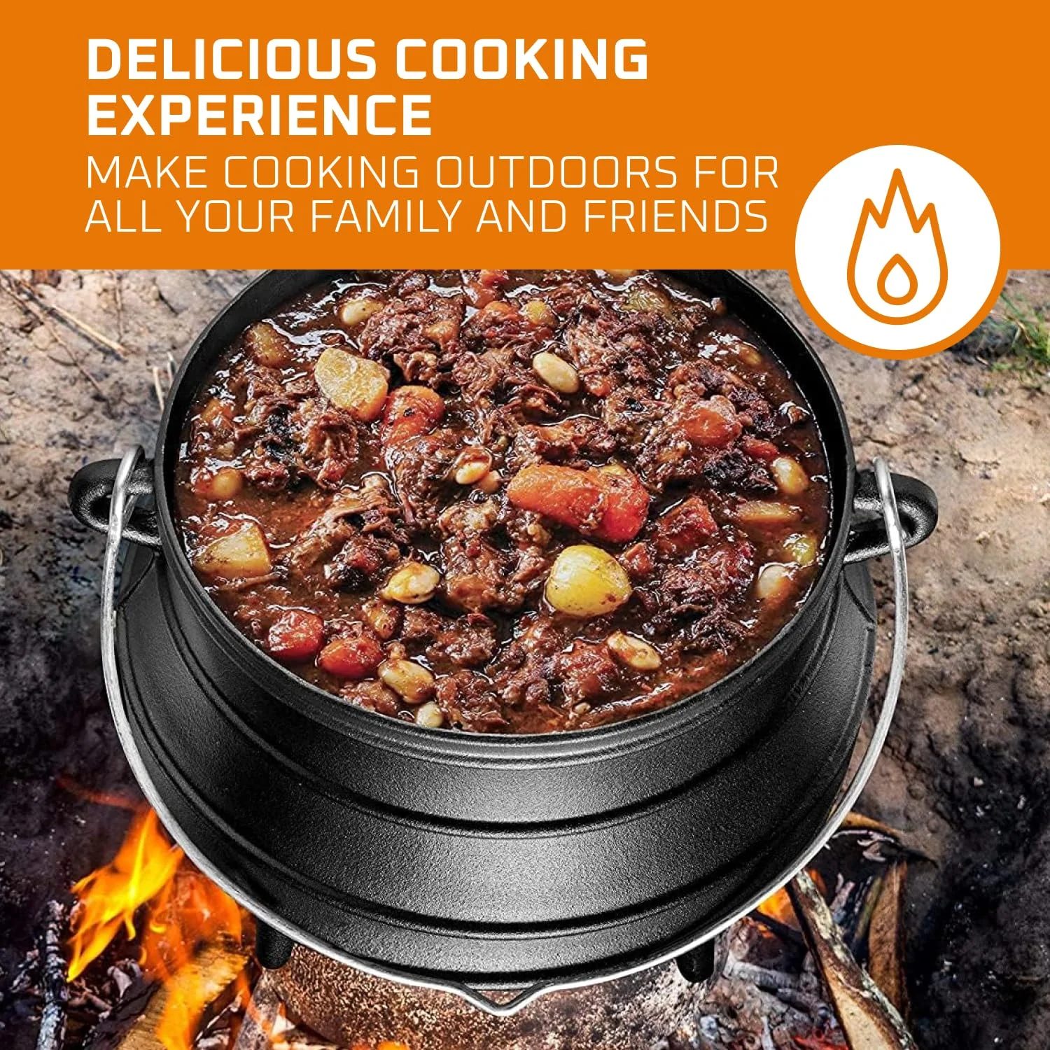 Bruntmor Pre-Seasoned Cast Iron Cauldron - Bruntmor African Potjie Pot with Lid - 3 Legs for Even Heat Distribution - Camping Dutch Oven Cookware for Over-the-Fire Cooking - 10 Quarts, X-Large