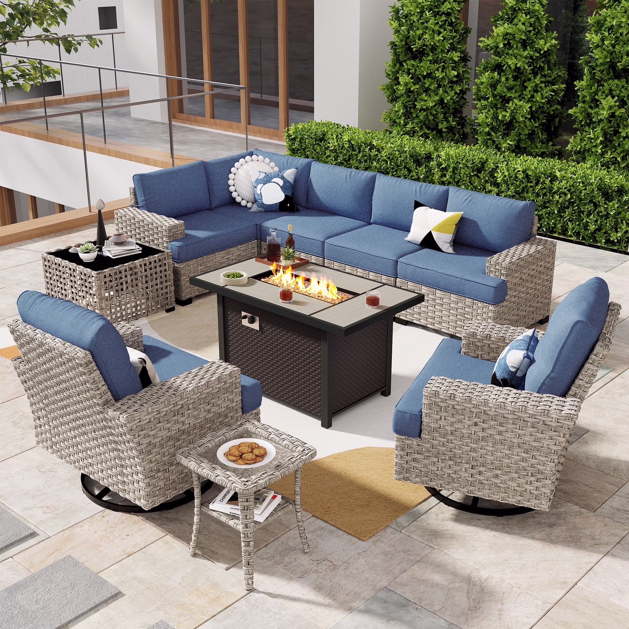 Ovios 10 Pieces Outdoor Patio Furniture Modern High-Back All-Weather Wicker Sectional Conversation Set with Propane Fire Pit Table & Swivel Chair, Dark Gray