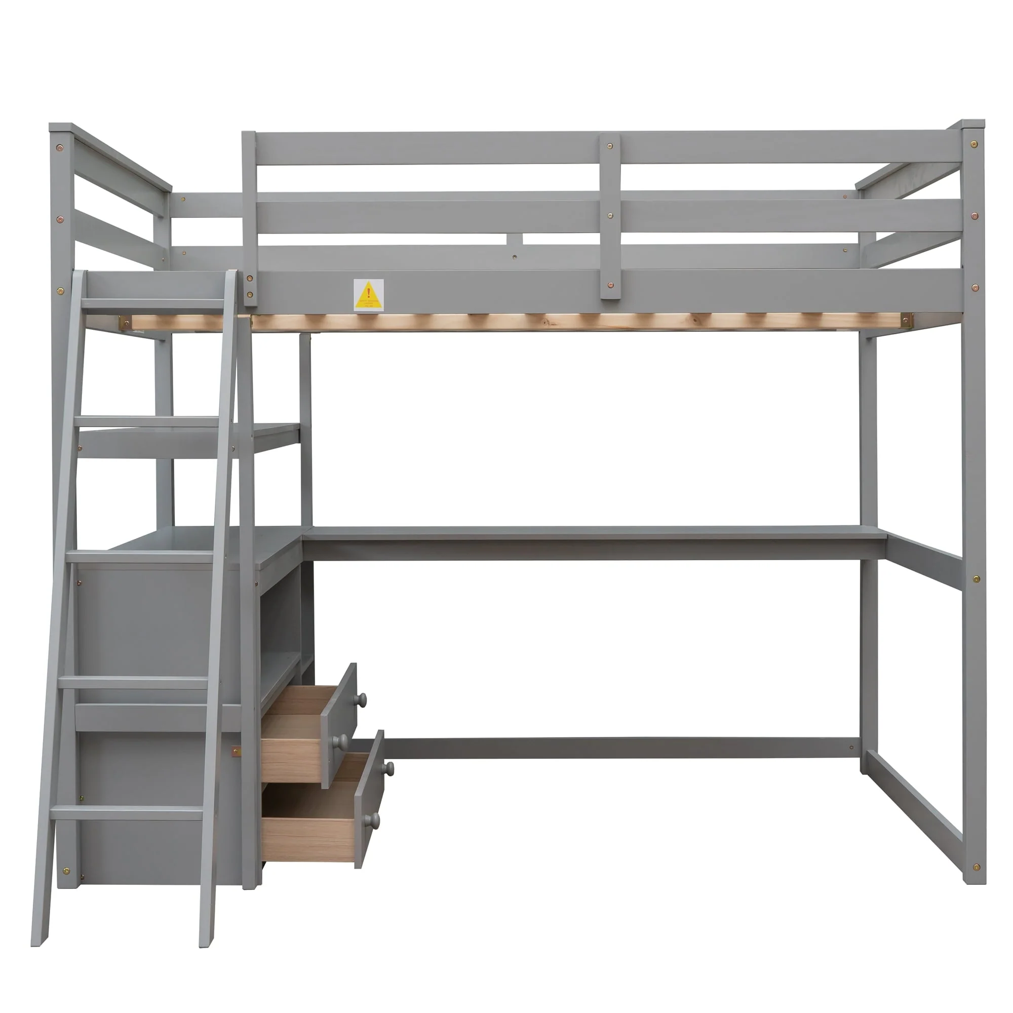 Euroco Full Size Wood Loft Bed with Desk, Shelves and Cabinets for Kids Room, Incline Ladder and 3 Drawers, Gray