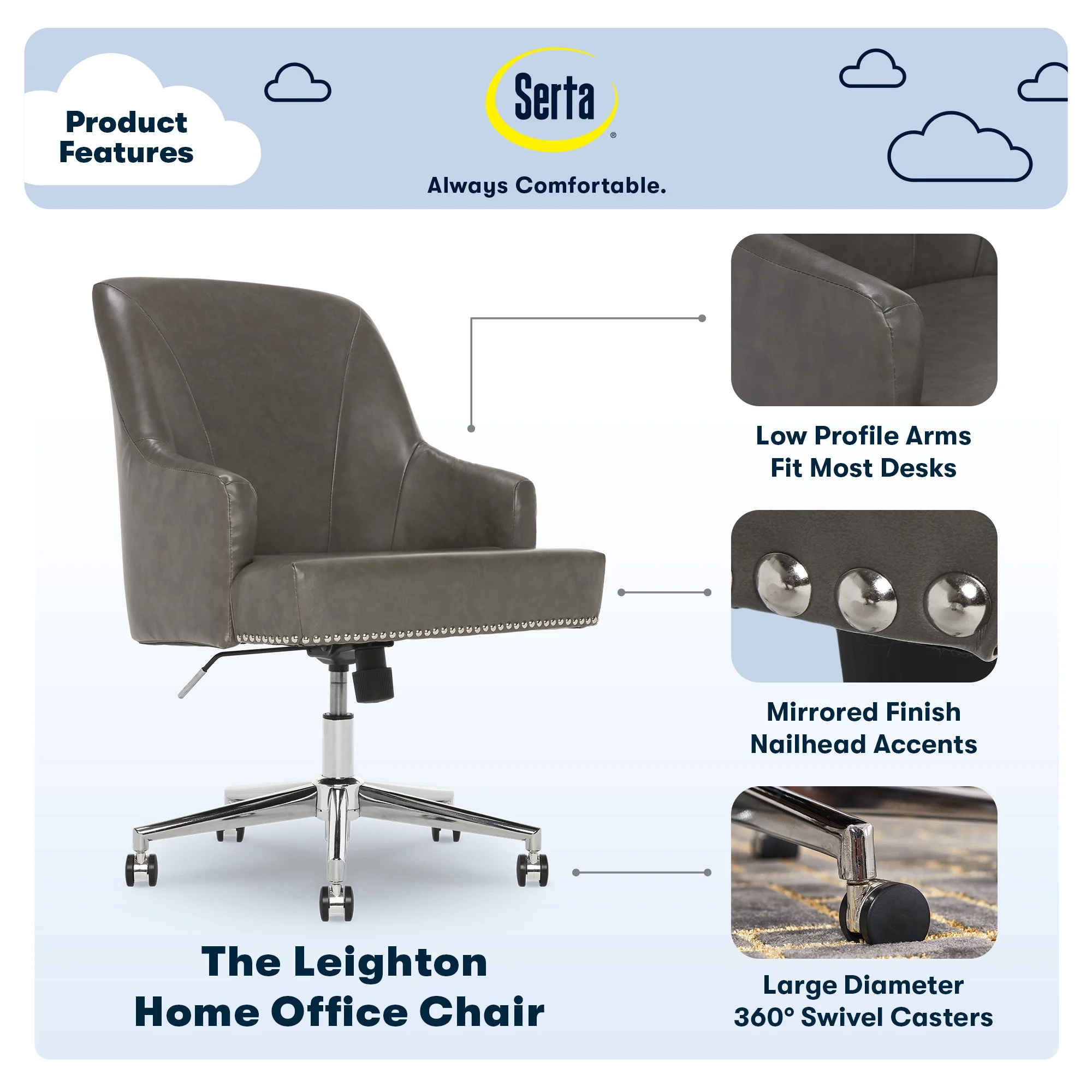 Serta Leighton Home Office Desk Chair Chrome Nailheads Twill Fabric Lilac Purple