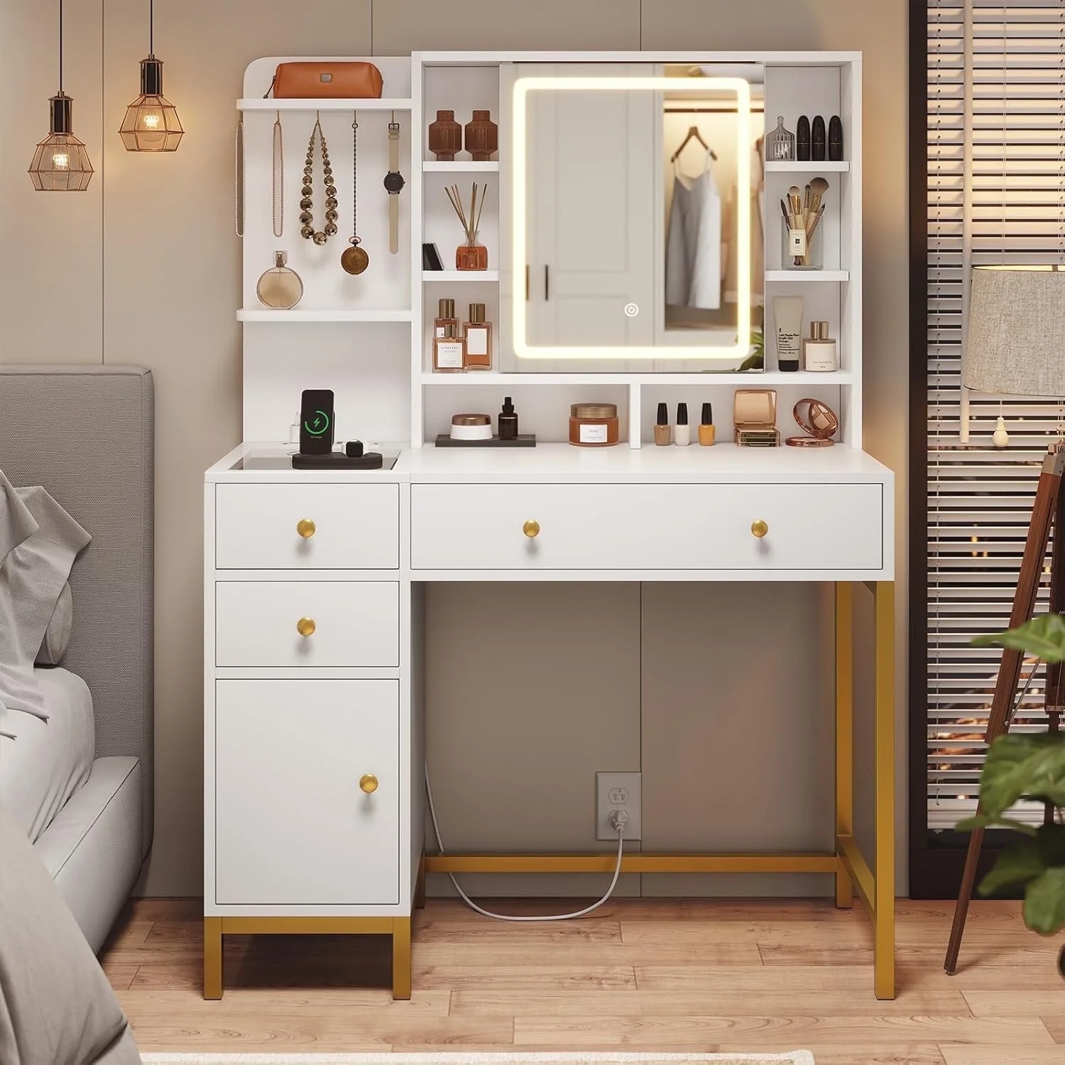 AOGLLATI Makeup Vanity with Lights in 3 Colors, White Vanity Desk with Mirror and Lights, Vanity Table with Charging Station, Makeup Desk with Visible Drawers, Hidden and Open Storage Shelves