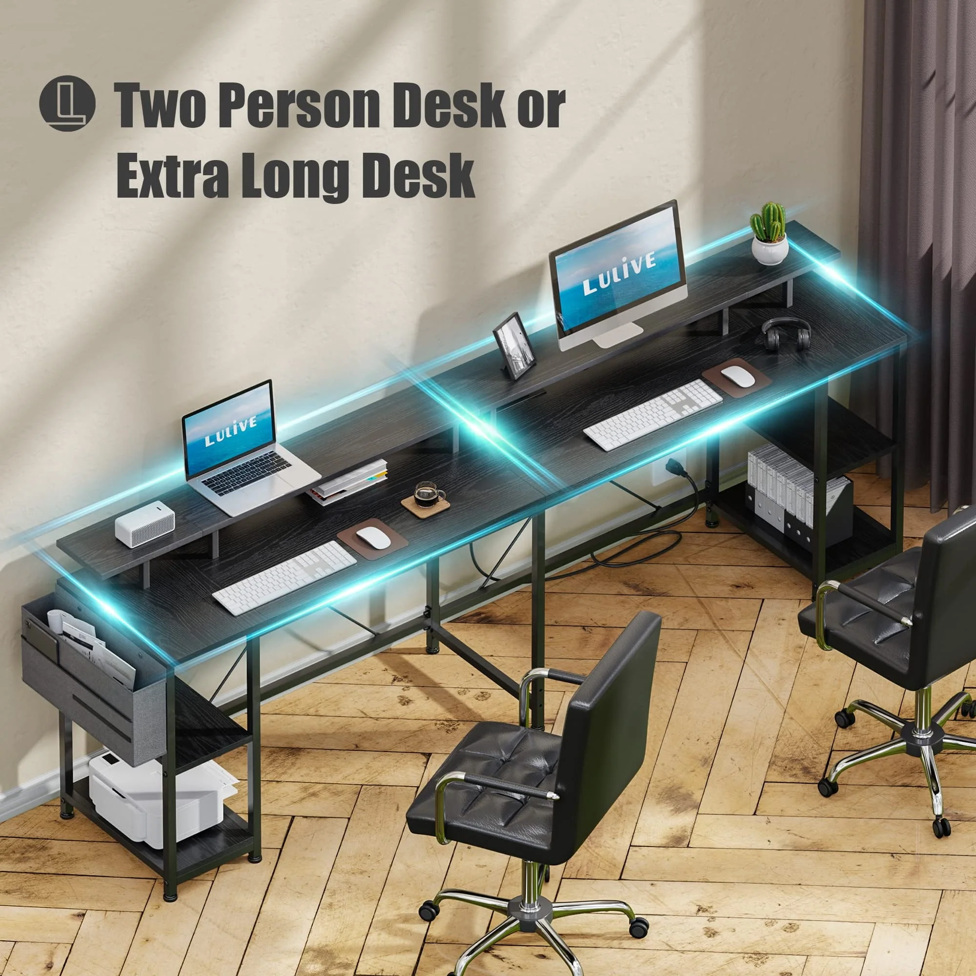 Lulive 95” L-Shaped Computer Desk with LED Light Gaming Desk with Power Outlet, Home Office Desk with Monitor Stand, Storage Shelf and Storage Bag Corner Desk, Black