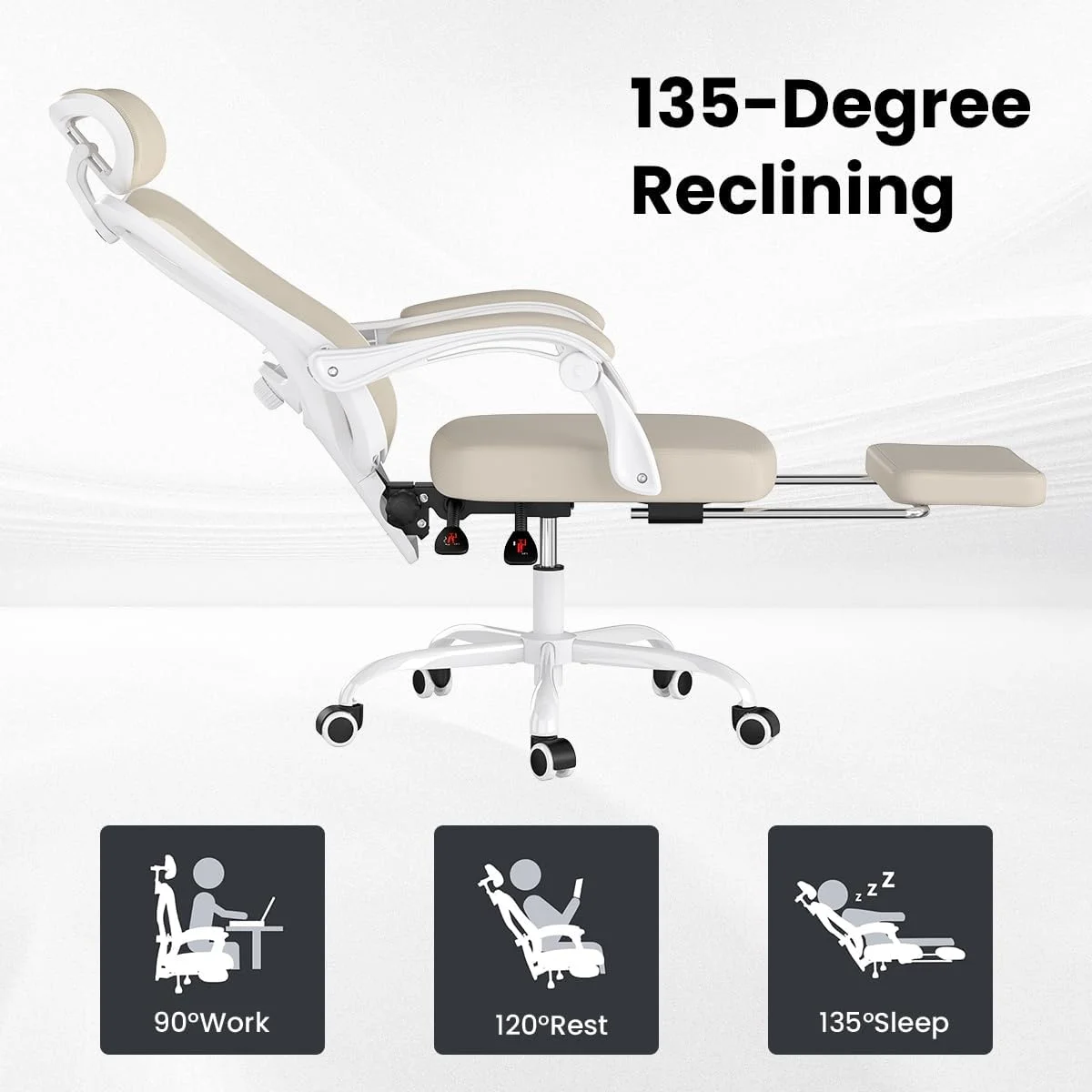 STARY Ergonomic Office Chair with Footrest, High Back Mesh Desk Chair with Adjustable Headrest & Lumbar Support, Comfortable Computer Chair for Home Office Study, White & Beige