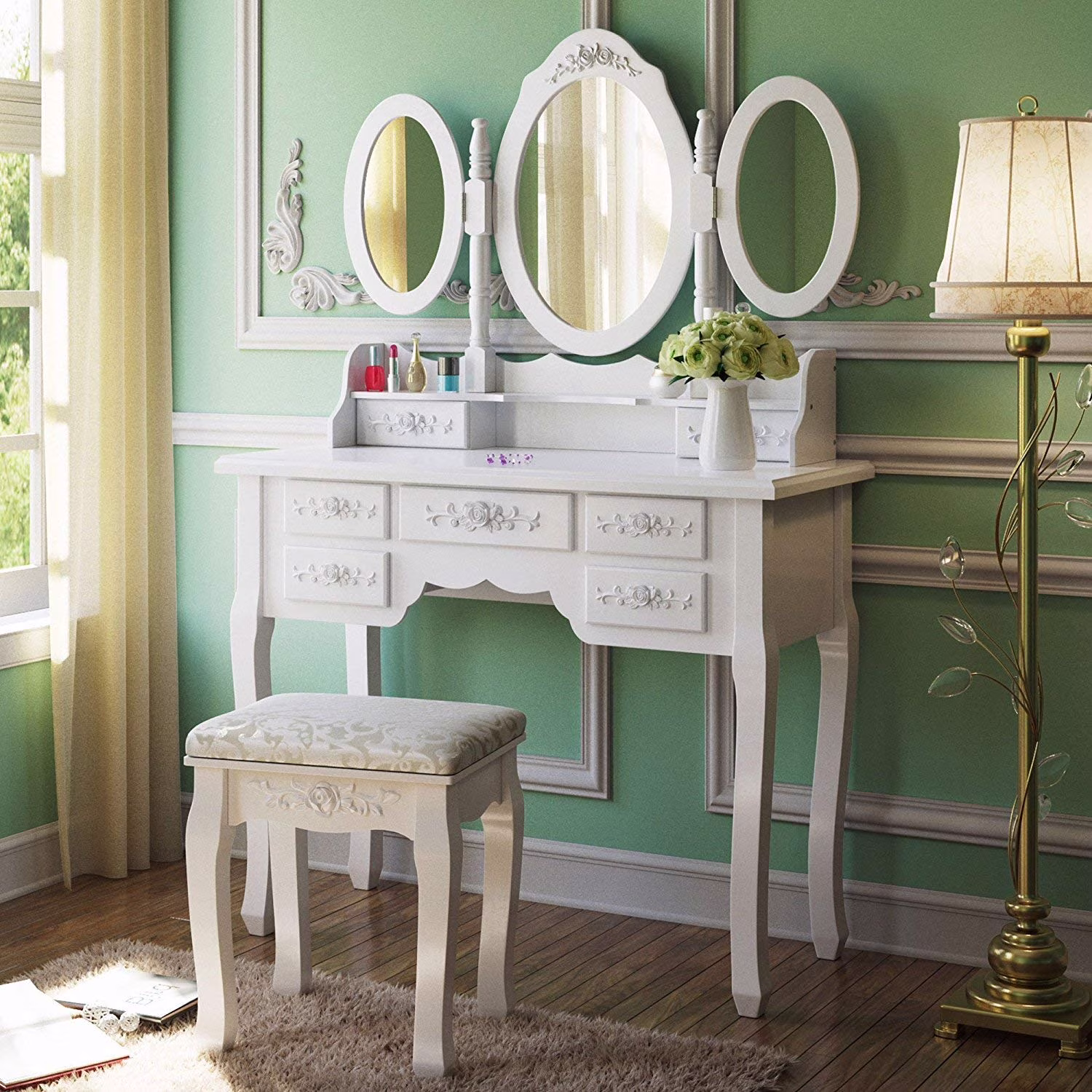 Ktaxon Vanity Set,Flip-top Mirror Dressing Table Makeup Vanity Table Writing Desk with 2 Drawers and Stool, White